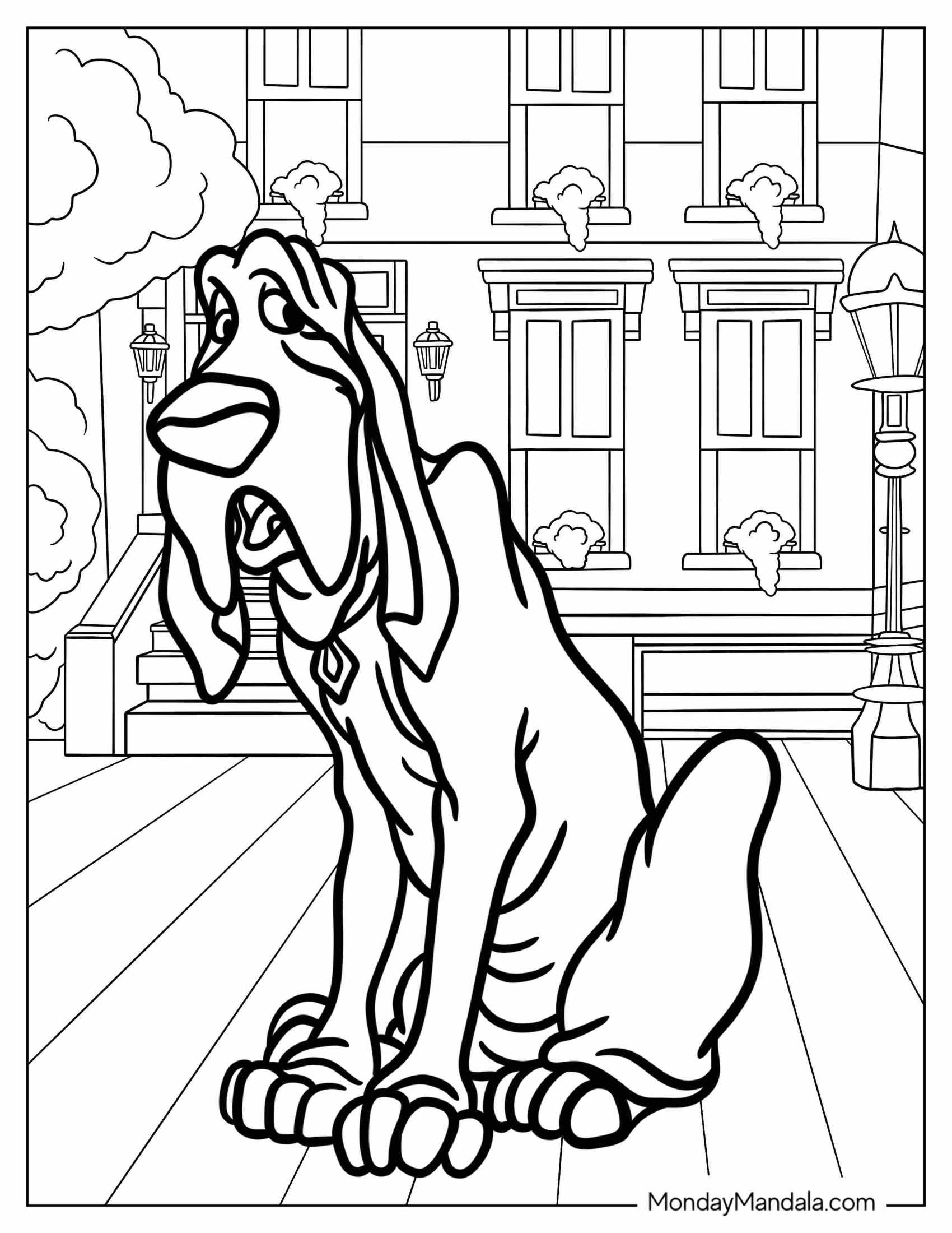 Lady And The Tramp Coloring Page Of Trusty Sitting Outside Building