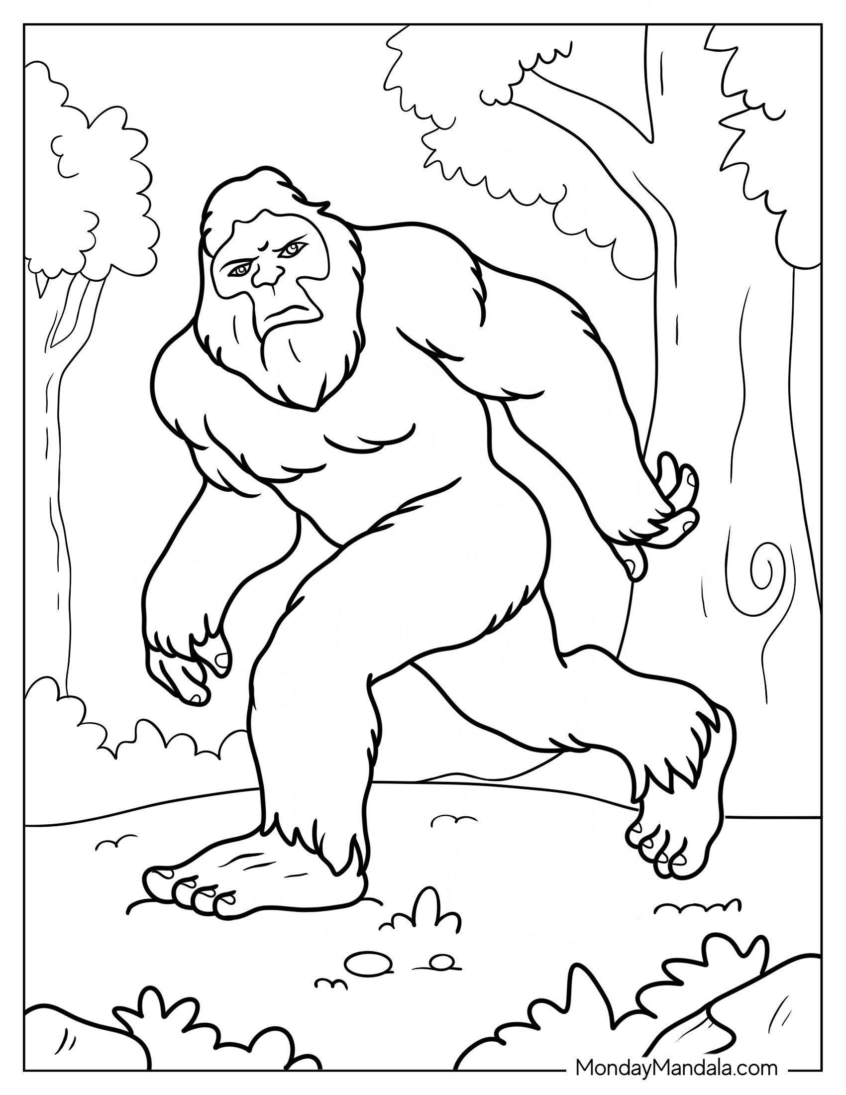 Large Bigfoot And Yeti Coloring Page With Angry Expression