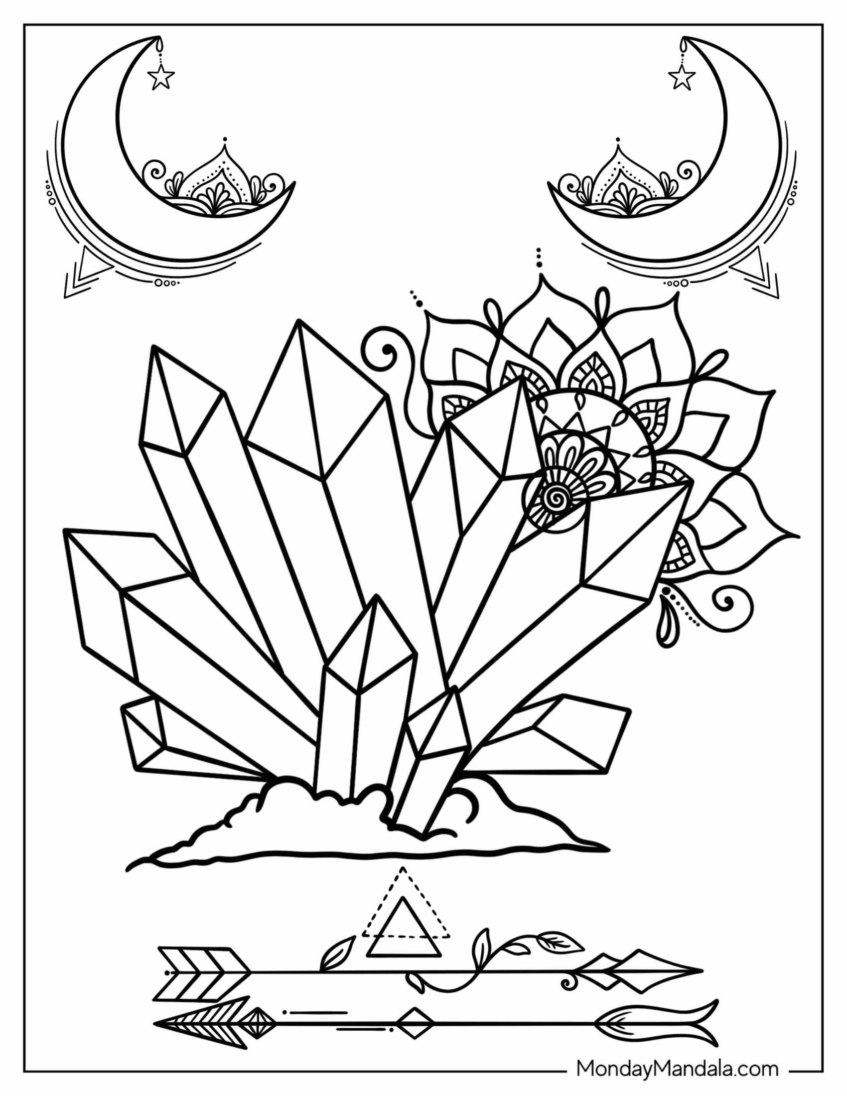 Large Crystal Coloring Page With Mandala And Crescent Moons