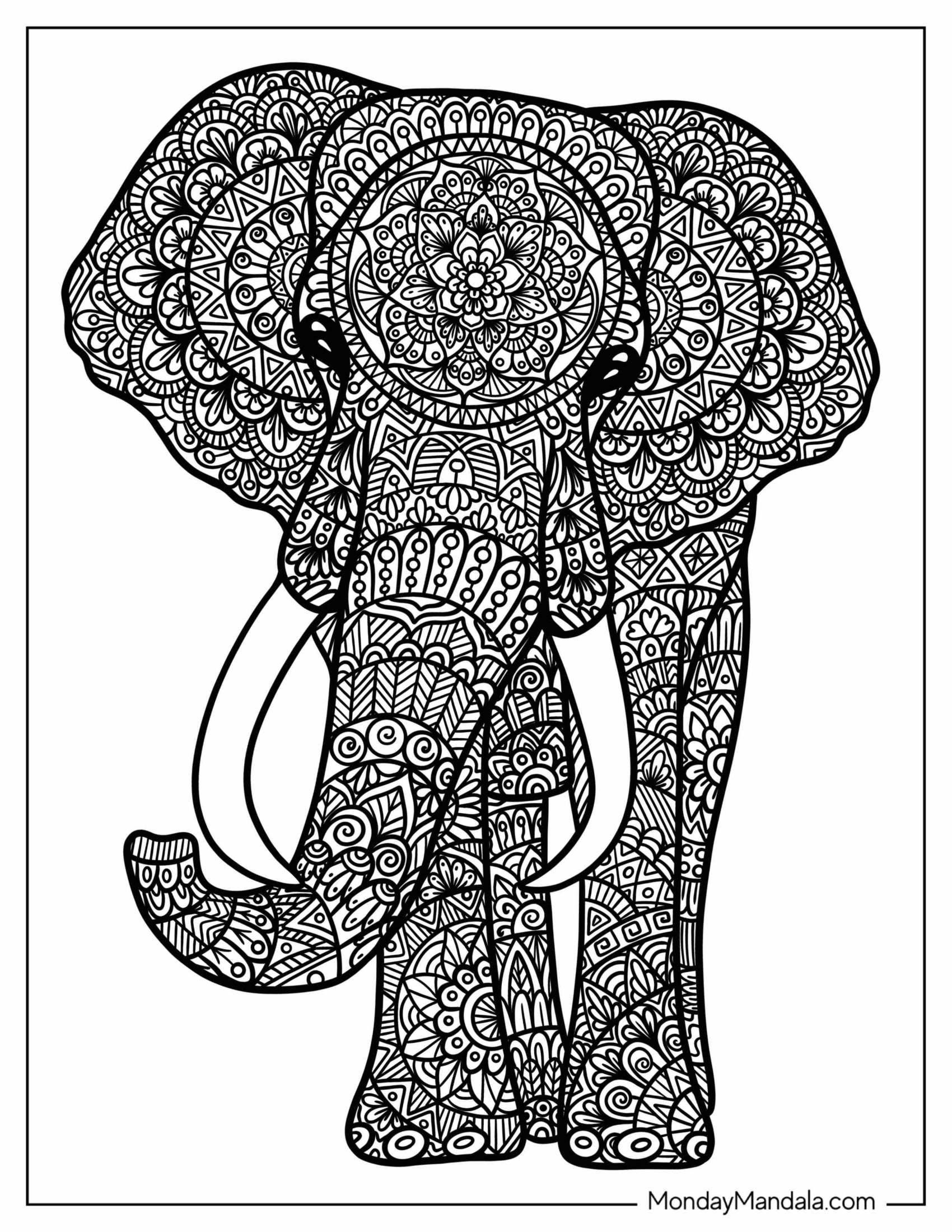 Large Gentle Elephant Zentangle To Color