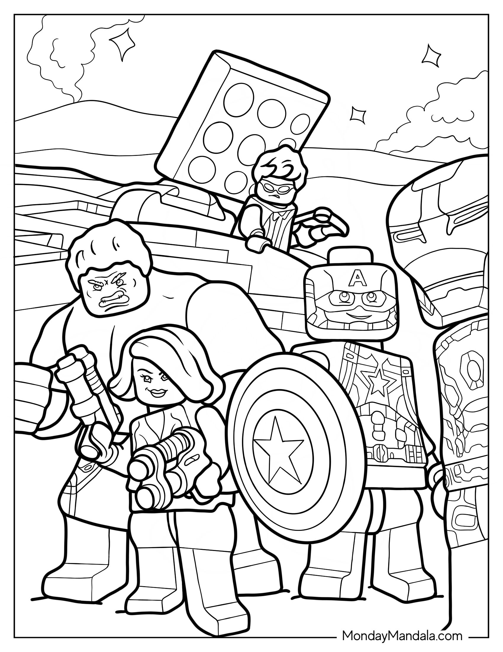 Lego Avengers Coloring Page Of Iron Man, Captain America, Hulk, Black Widow, And Hawkeye