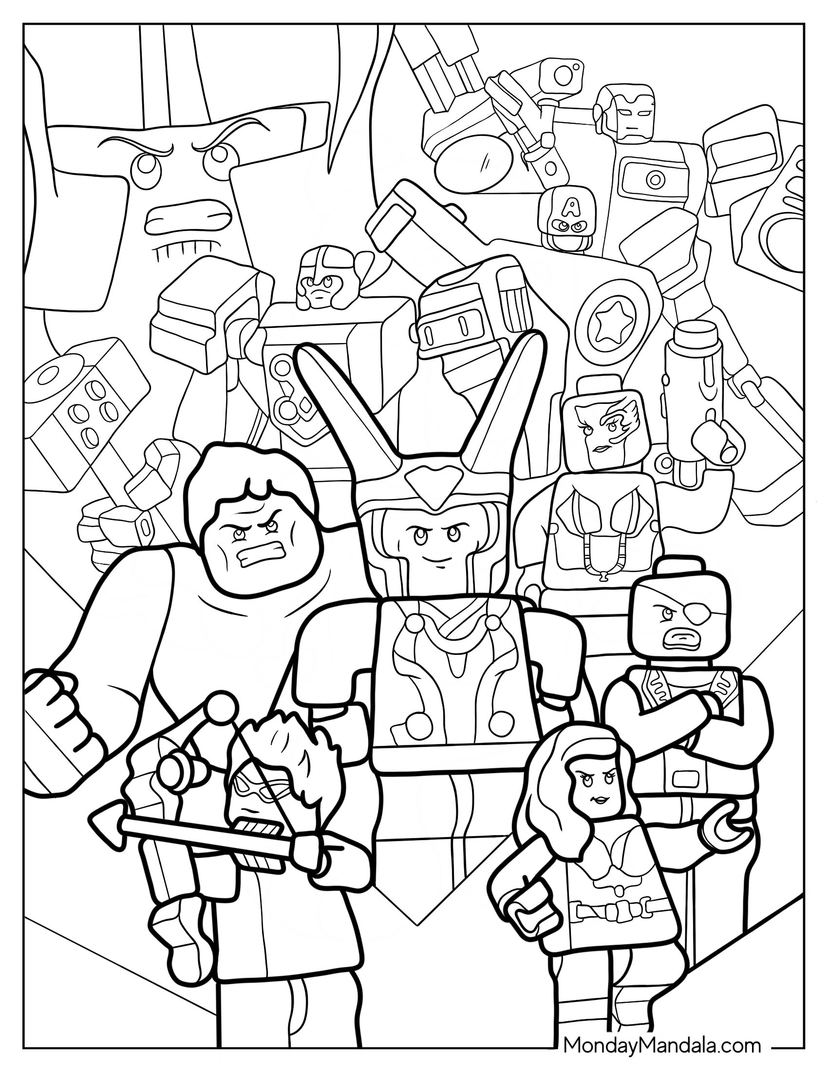 Lego Avengers Coloring Page Of Loki, Hulk, Fury, Black Widow And Other Heroes