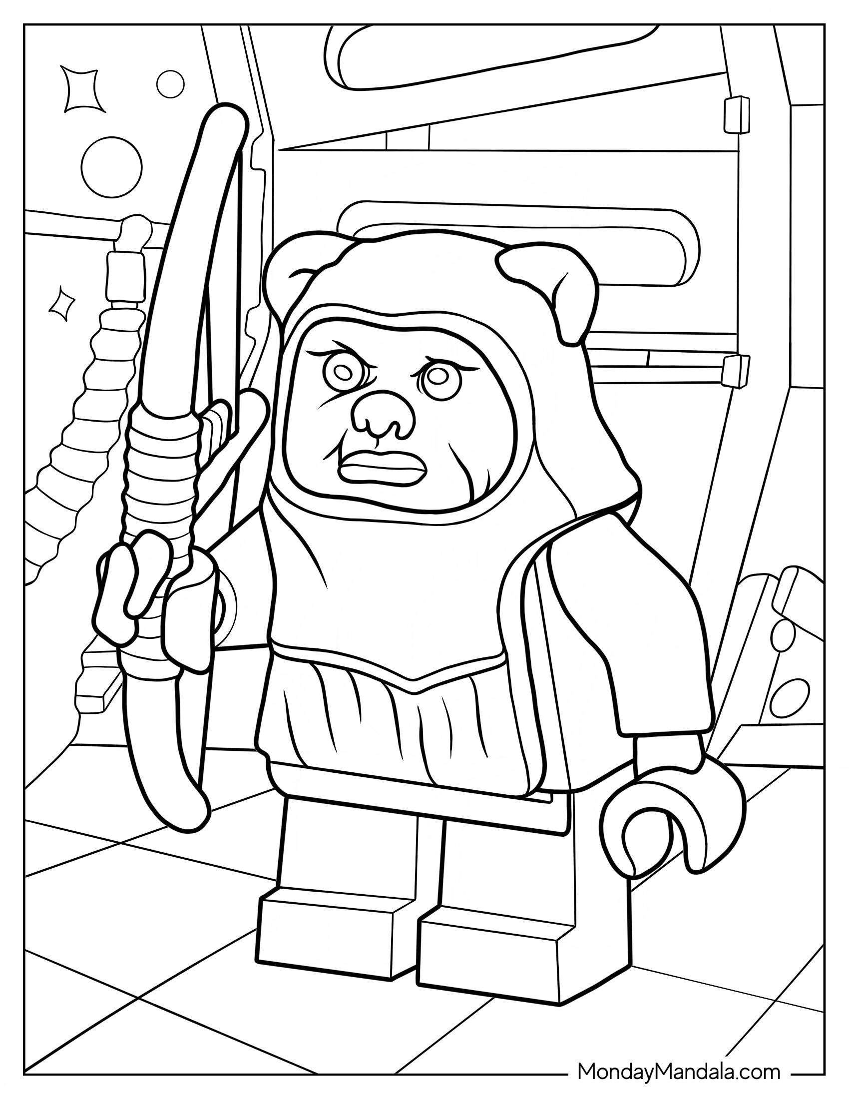 Lego Star Wars Coloring Page Of Ewok Holding Bow For Kids