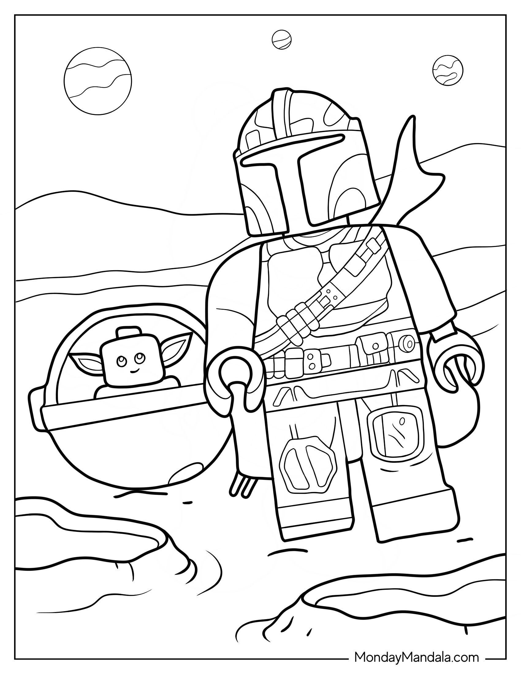 Lego Star Wars Coloring Page Of Mandalorian With Baby Yoda