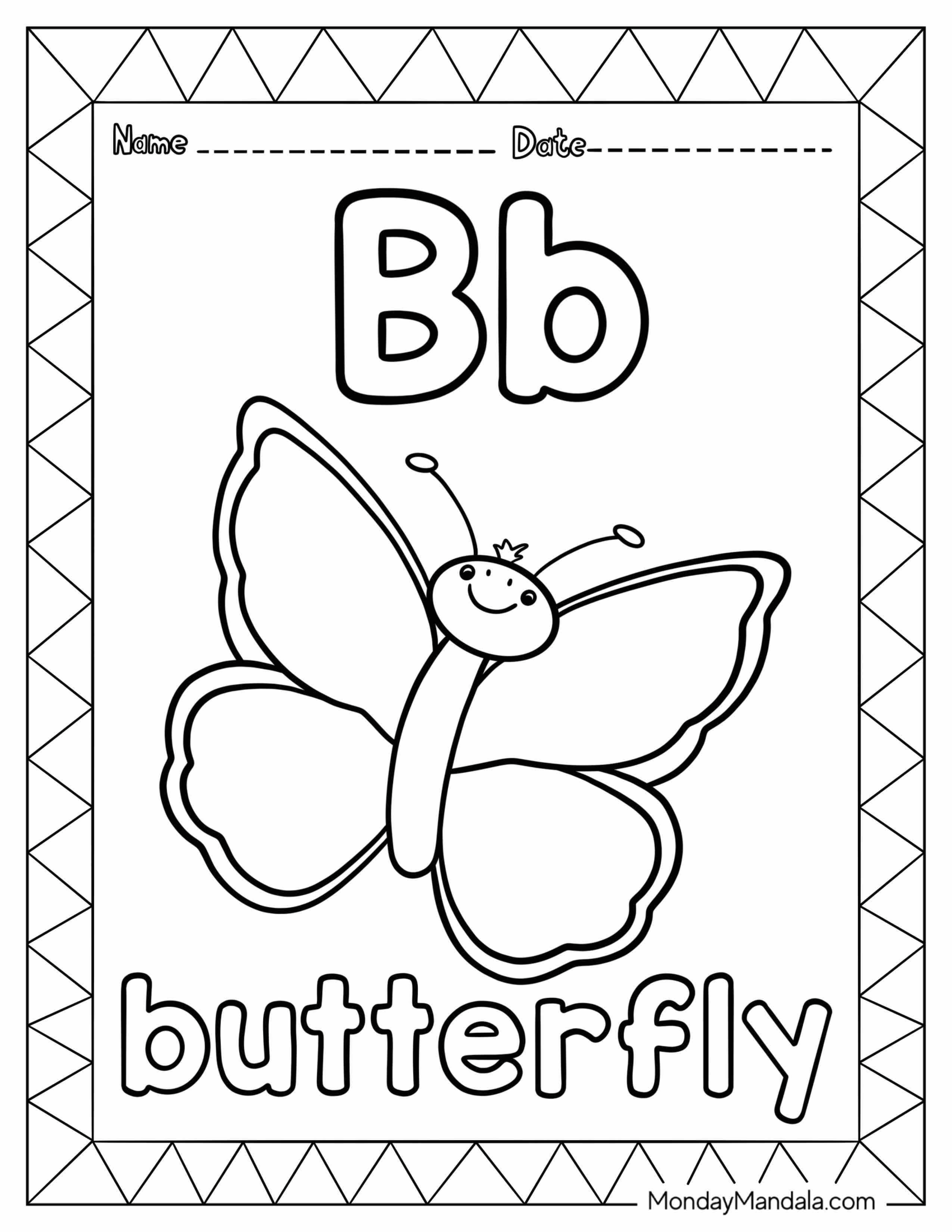 Letter B Coloring Page Flashcard With Cartoon Butterfly