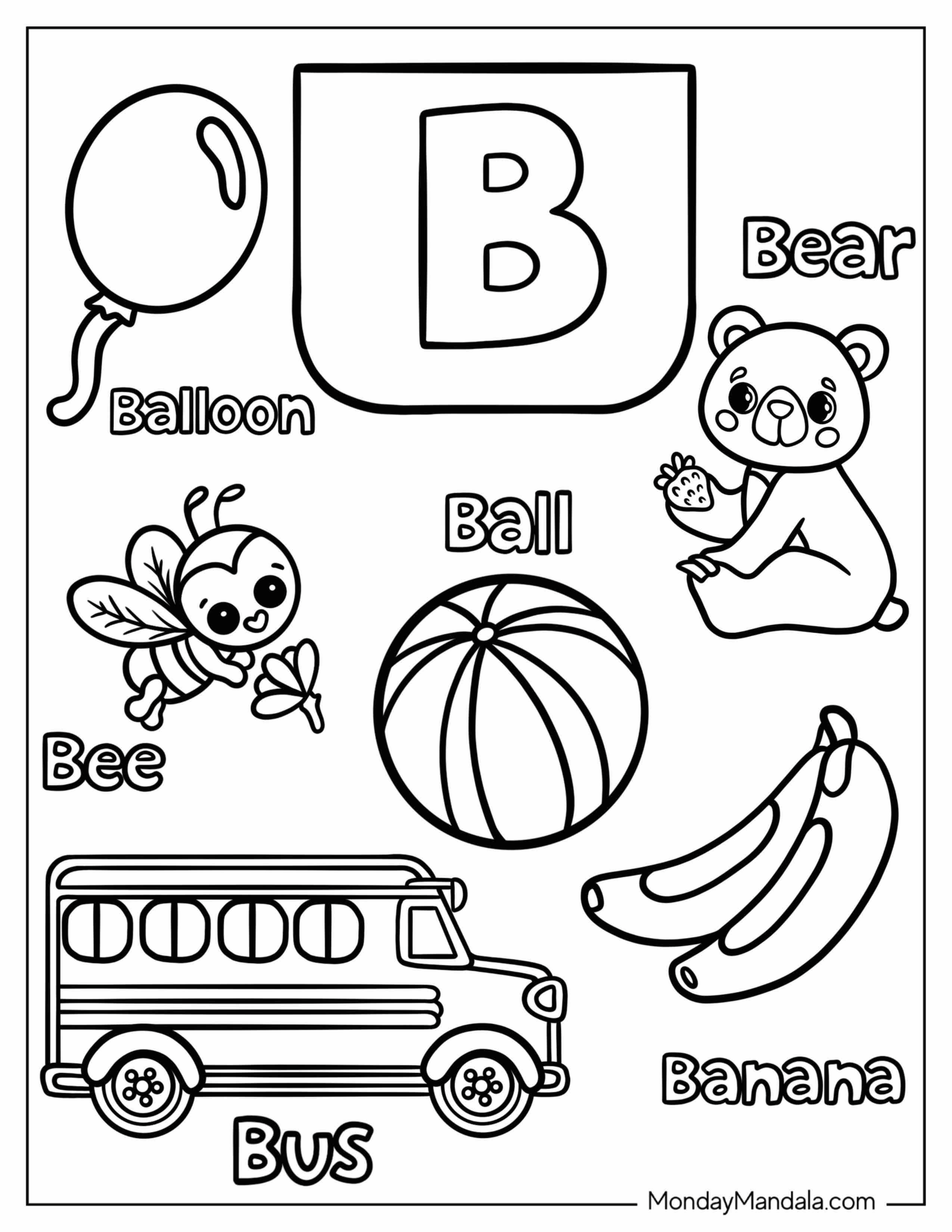 Letter B Coloring Page For Balloon, Ball, Bee, Banana, And Bus