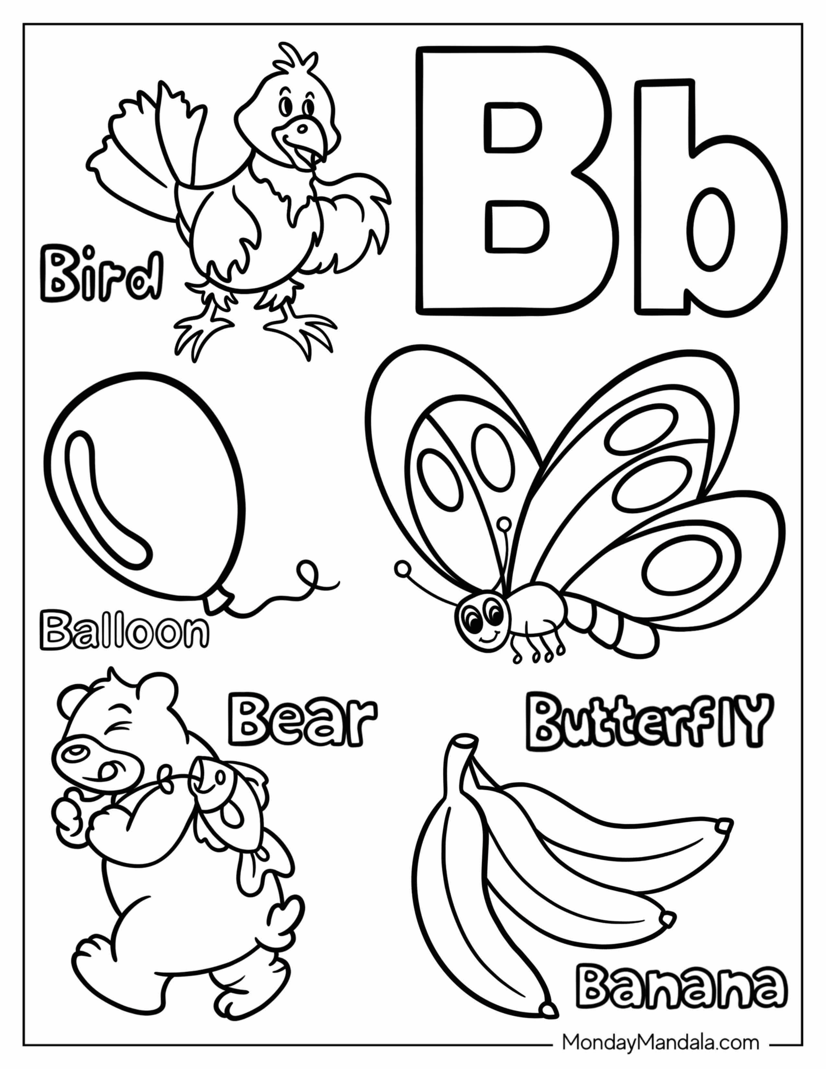 Letter B Coloring Page With Cartoon Bird, Balloon, Butterfly, Banana, And Bear For Kids