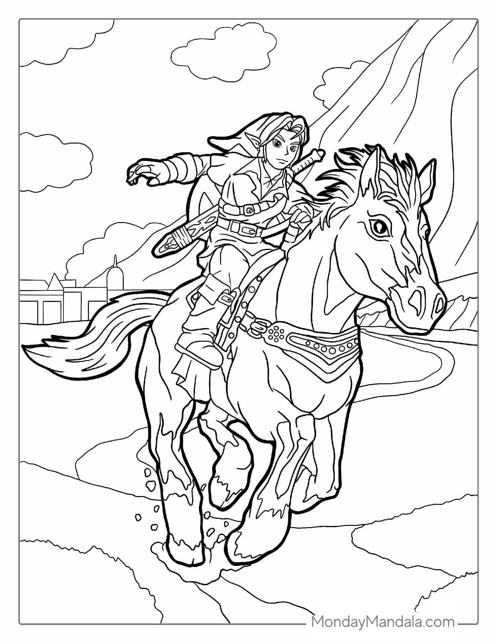 Link Riding A Horse (Epona) Coloring Page