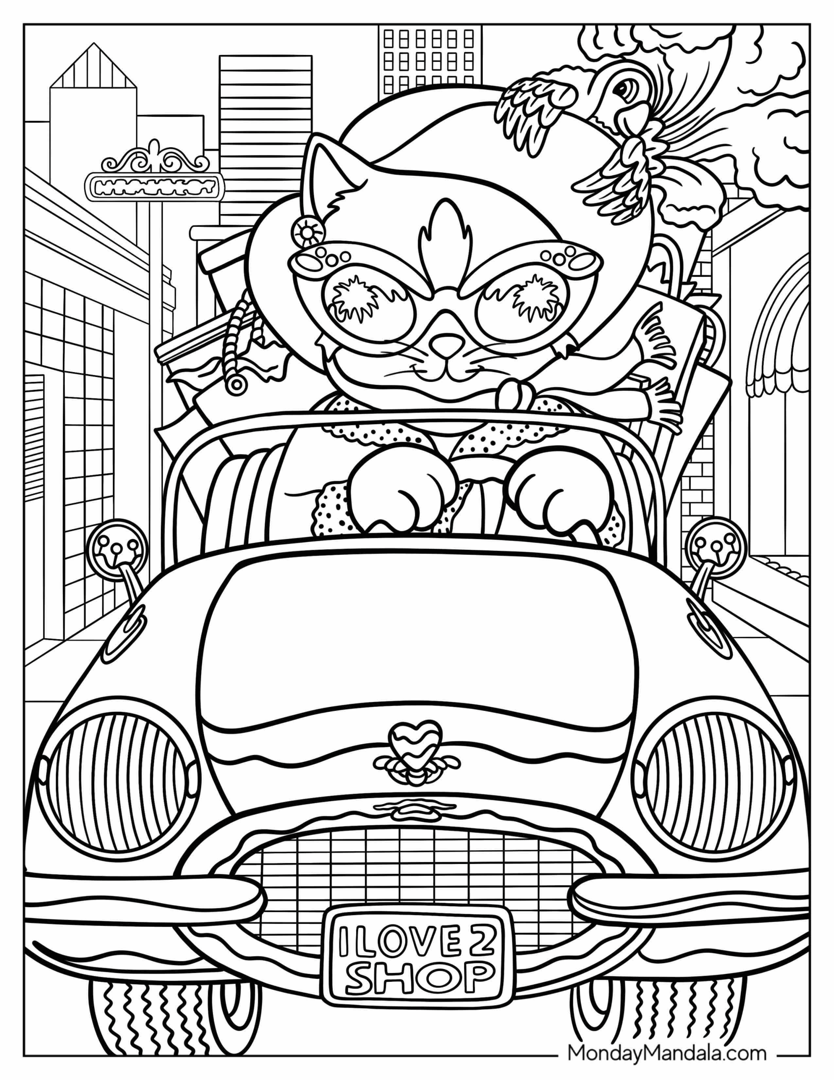 Lisa Frank Coloring Page of Cat In Car