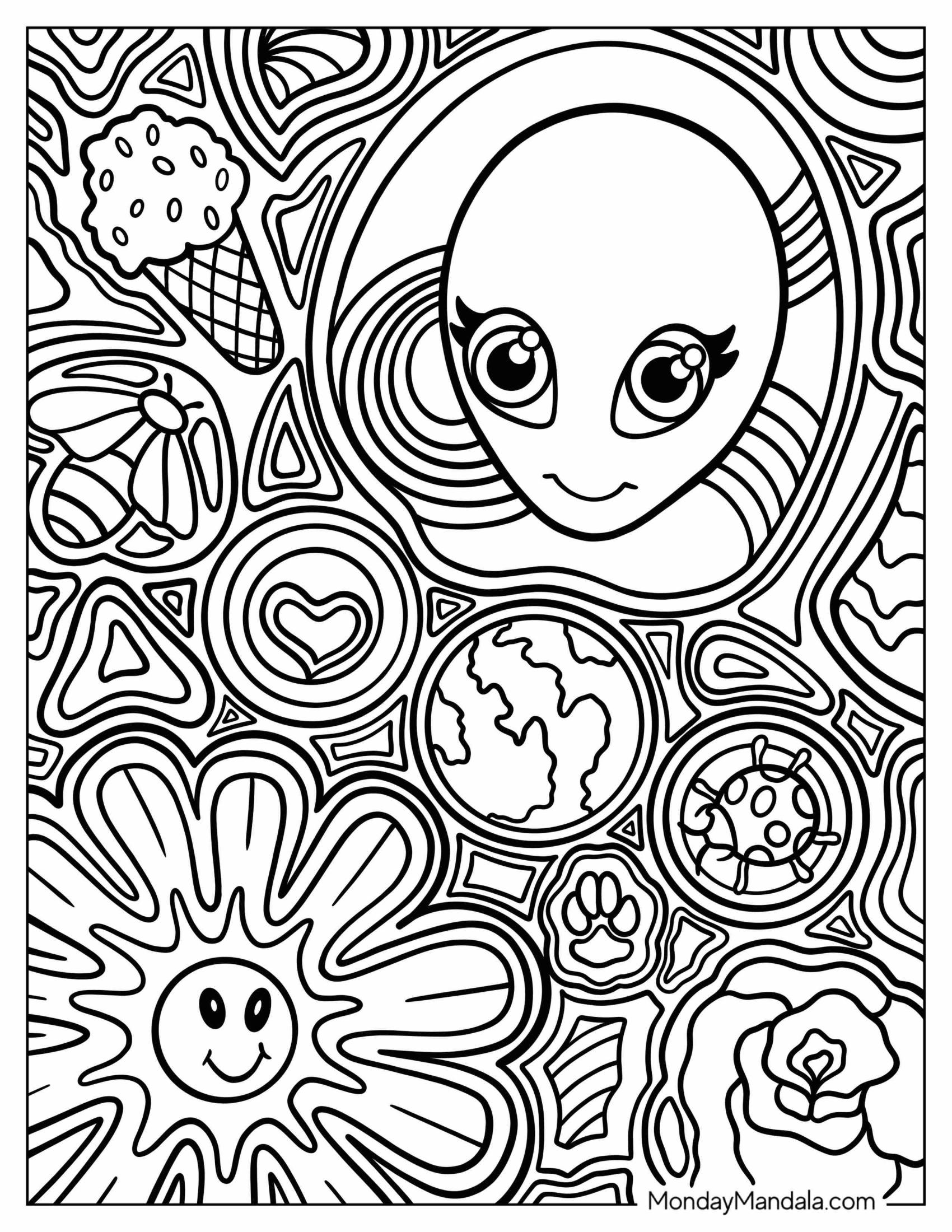 Lisa Frank Coloring Page of Hippie Alien In Space