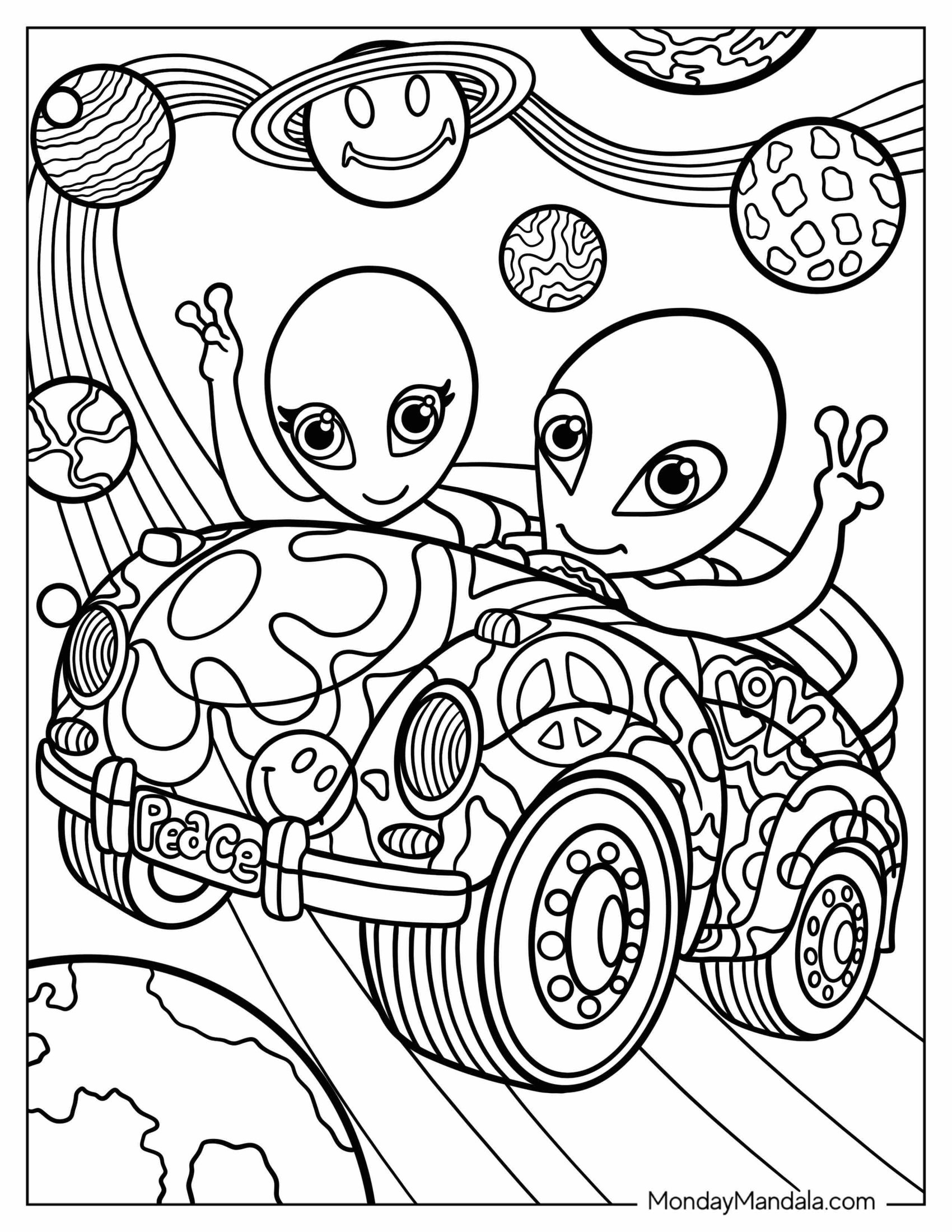 Lisa Frank Coloring Page of Two Aliens Doing Peace Sign In Space