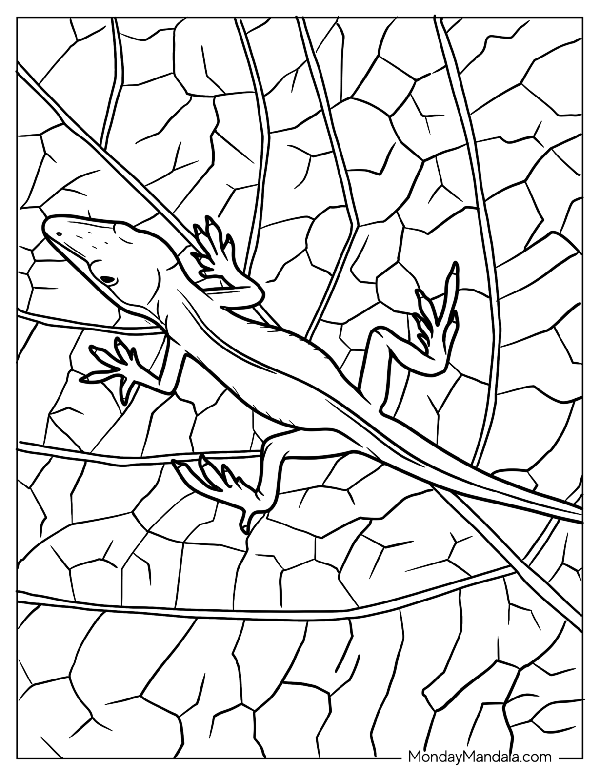 Lizard Coloring Page of Green Anole Lizard Camouflaging With Leaf 