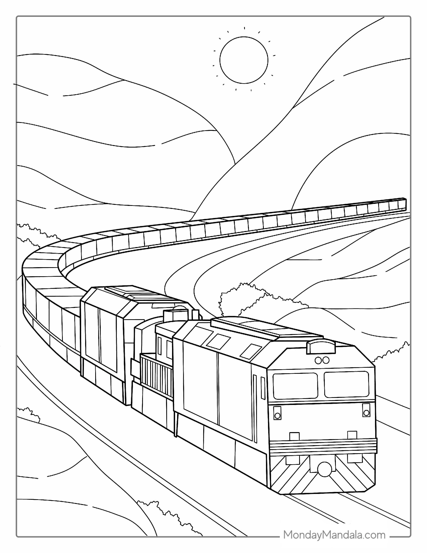 Long Freight Train Coloring Page For Kids