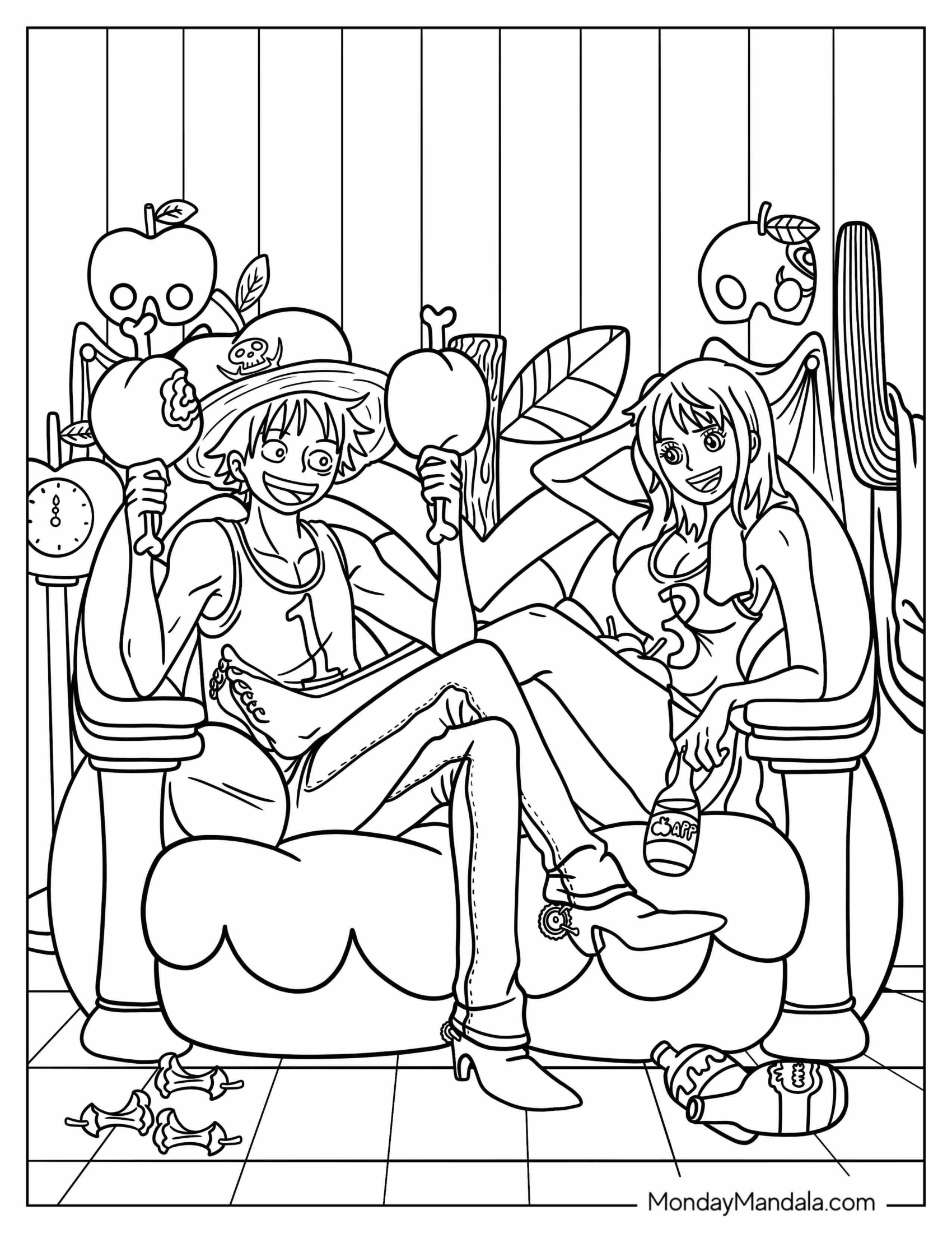 Luffy Coloring Page Eating And Drinking With Nami