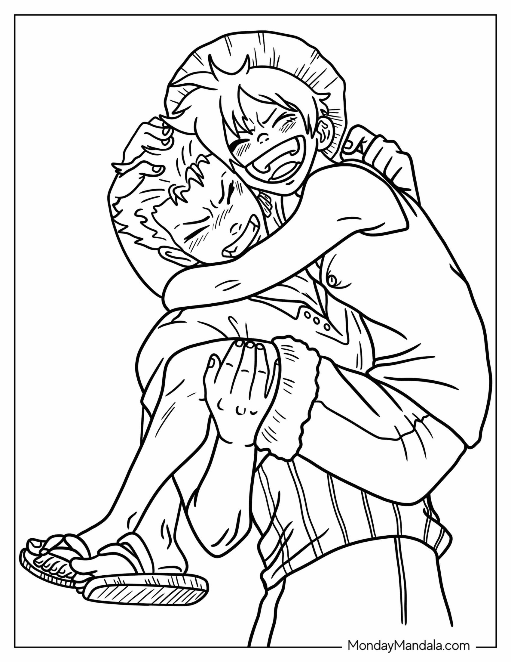 Luffy Coloring Page Hugging Zoro