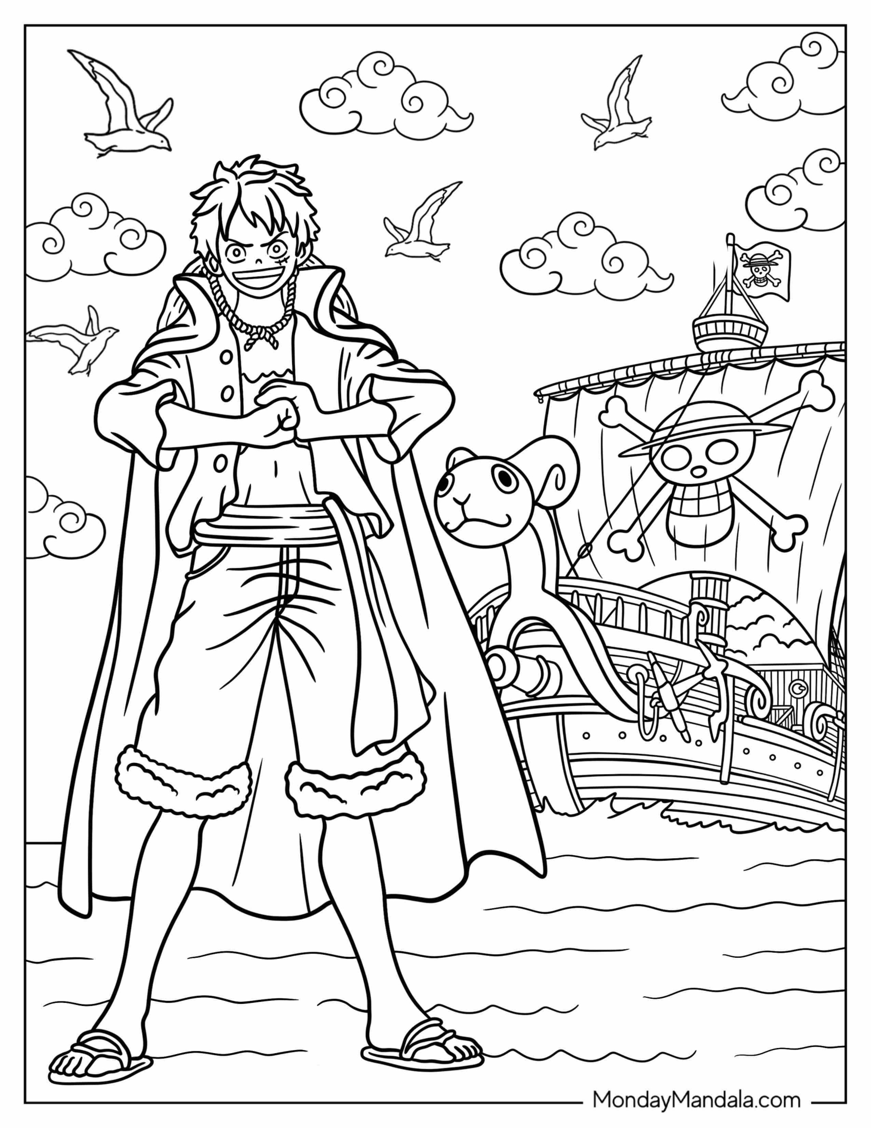 Luffy Coloring Page In Iconic Pose Standing In Front Of Going Merry Ship