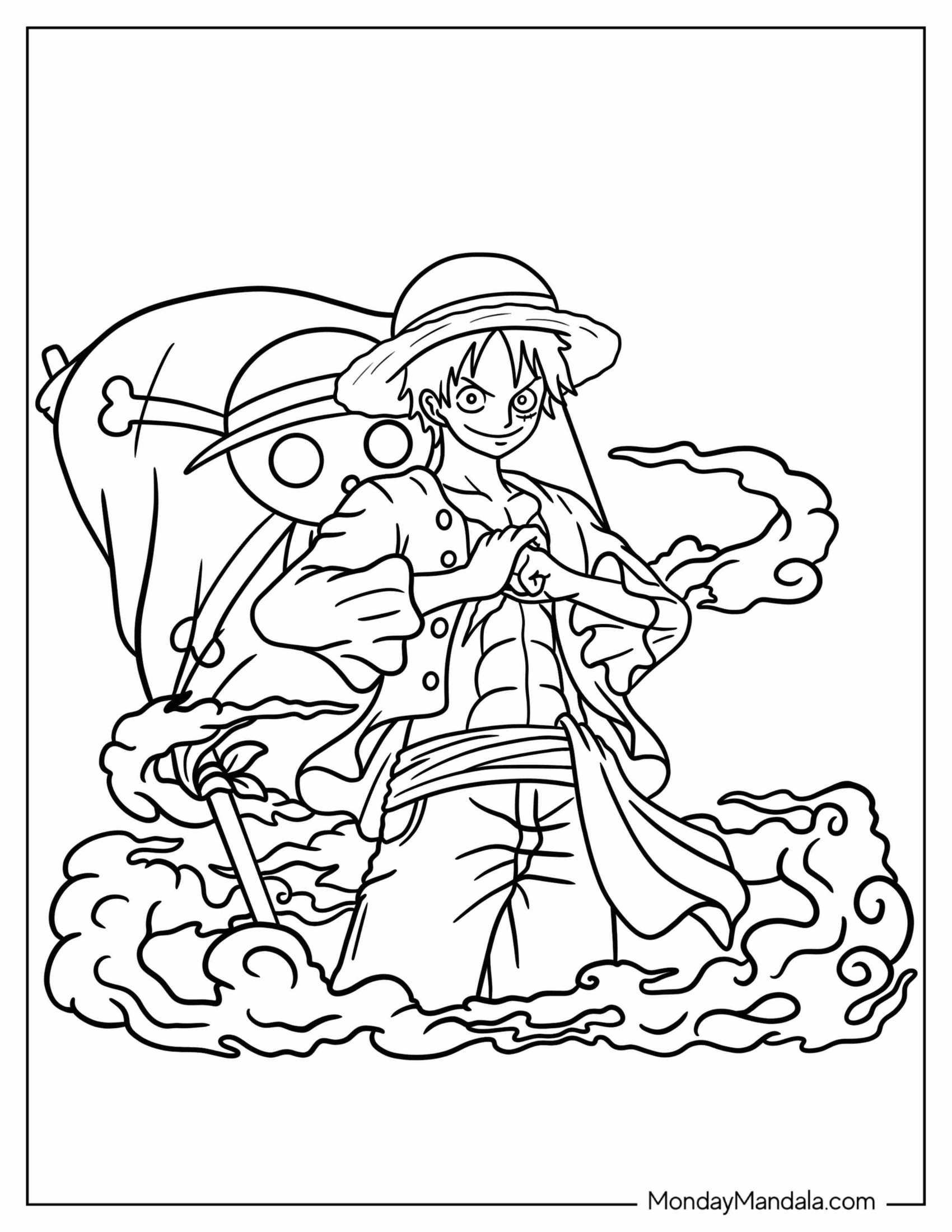 Luffy Coloring Page Standing In Front Of Straw Hat Pirate Flag With Mist