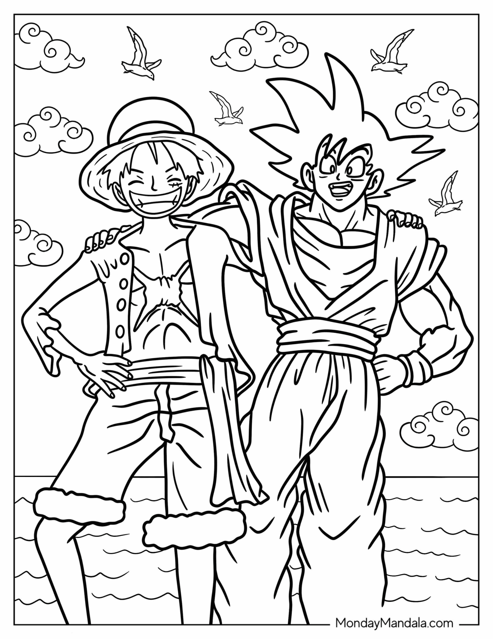 Luffy Coloring Page With His Arms Around Goku