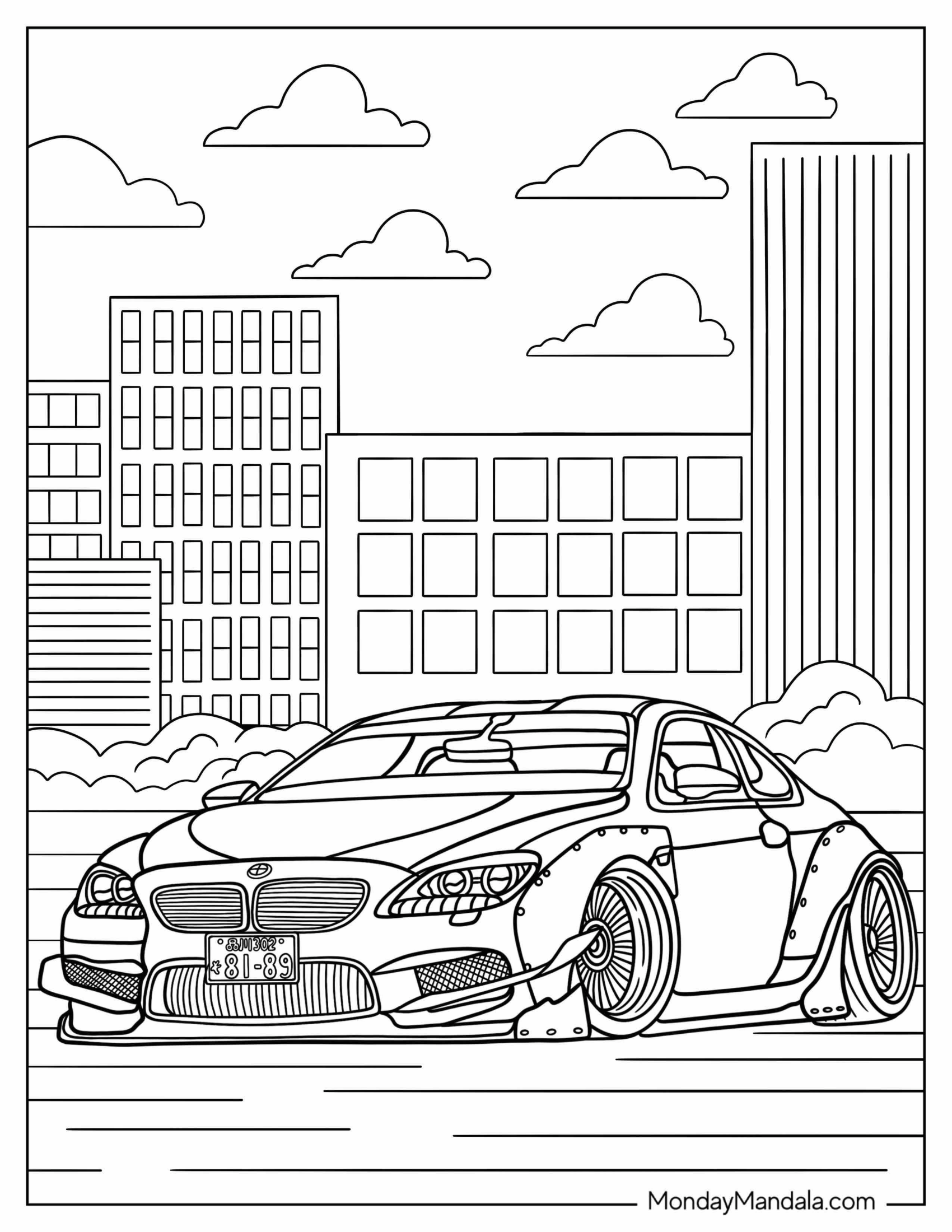 M6 BMW Coloring Page In Front Of Buildings