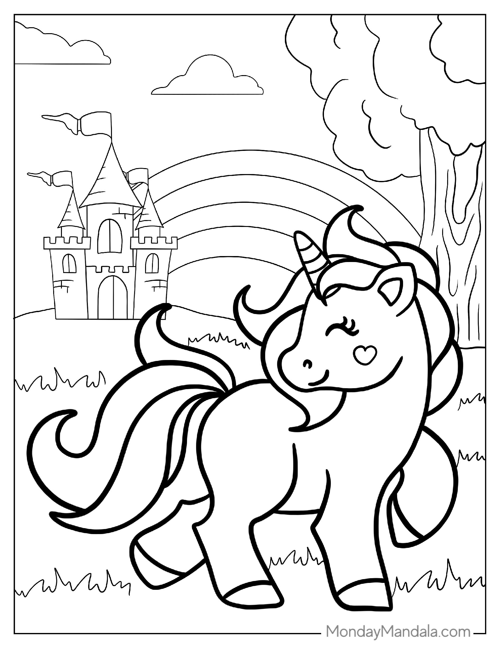 Magical Unicorn With Castle To Color