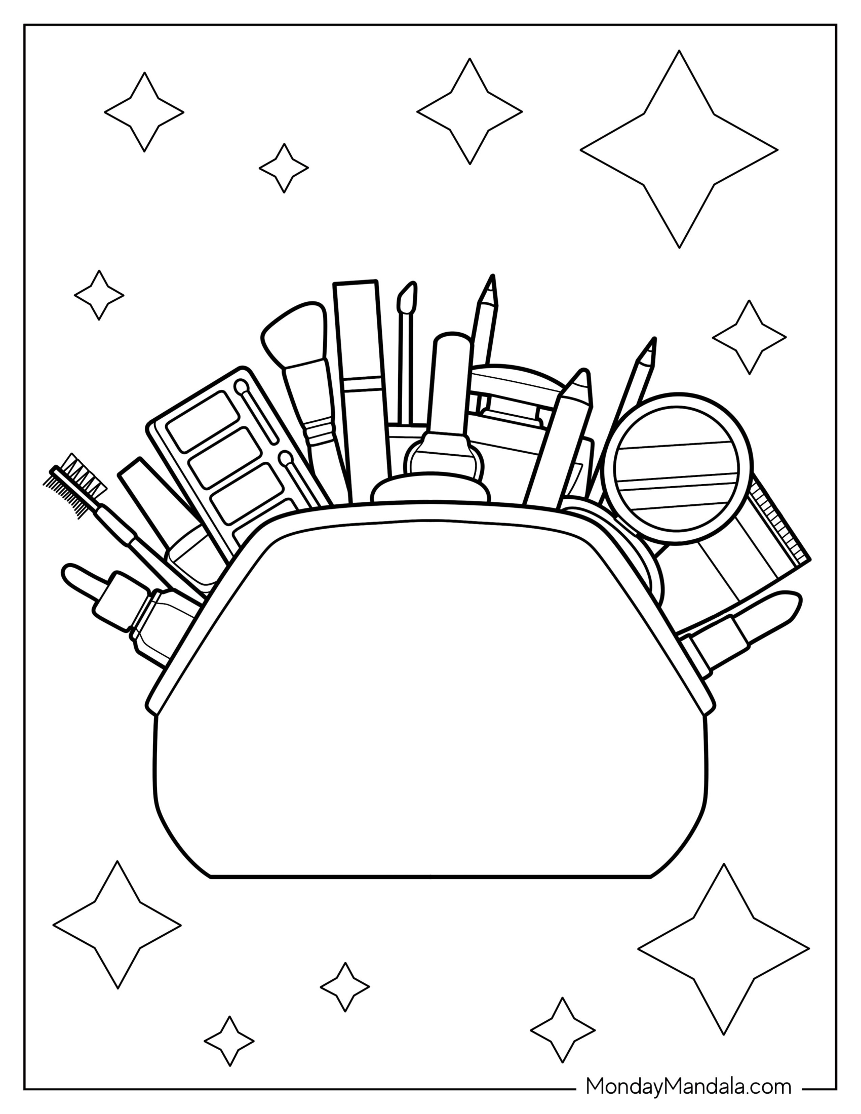 Makeup Coloring Page Of Kit Full Of Brushes, Palettes, Eyeliners, Foundation, And Mirror