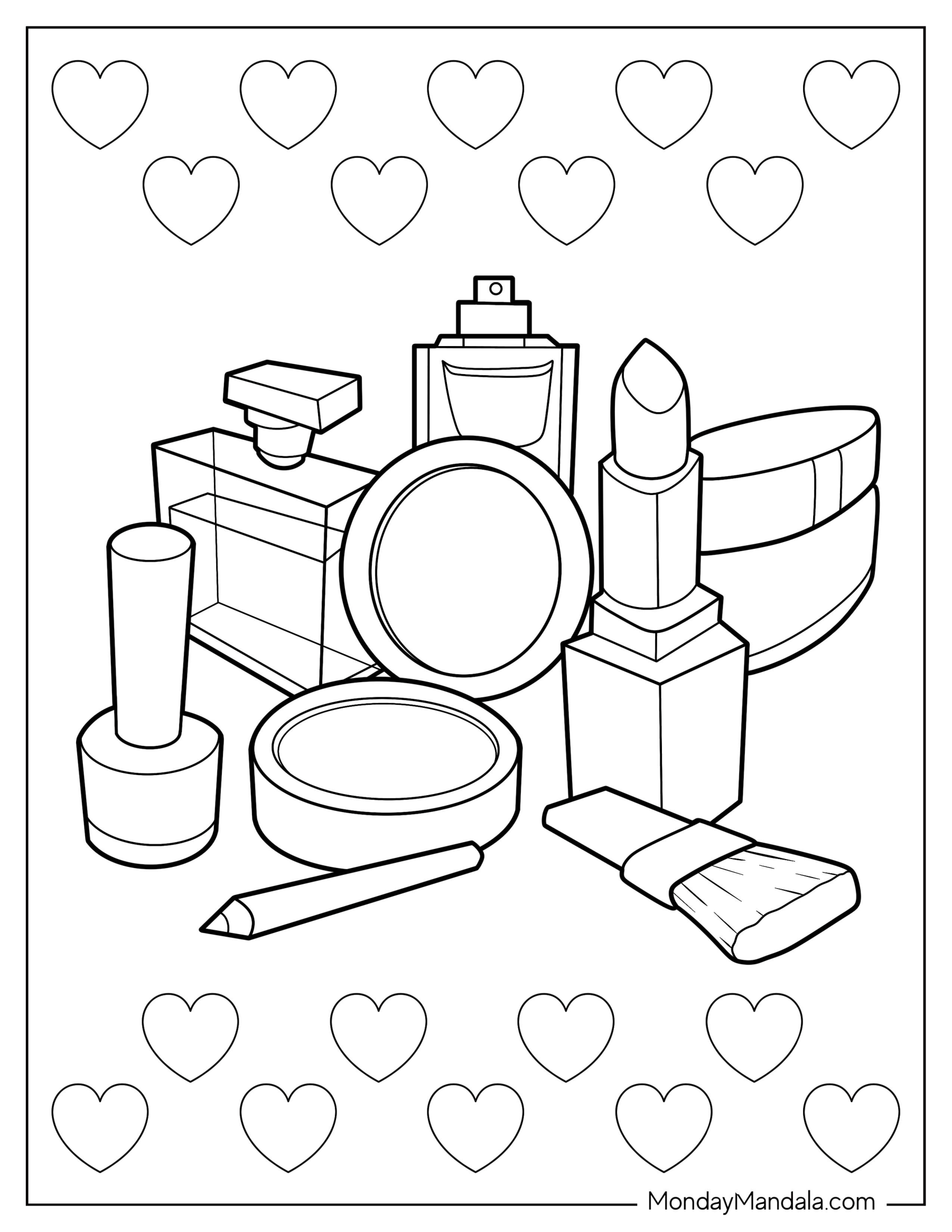 Makeup Coloring Page Of Lipstick, Face Powder, Perfume, And Brush