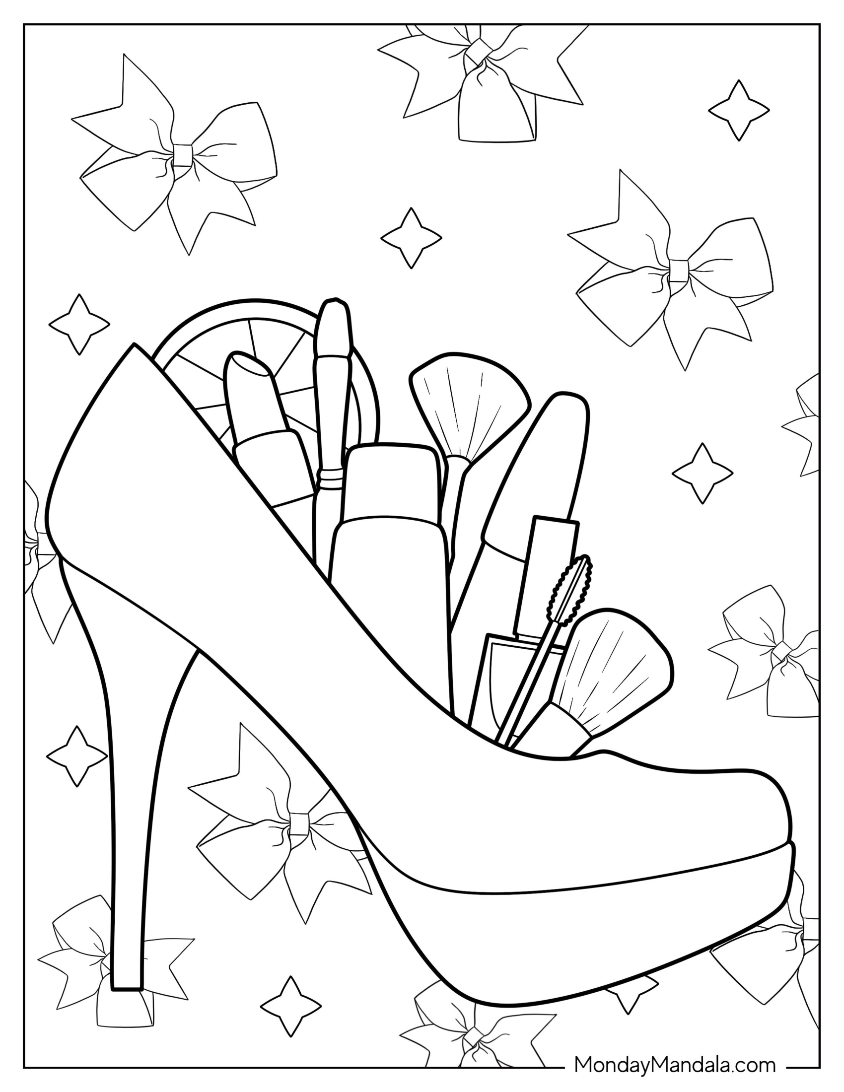 Makeup Coloring Page Of Stiletto Filled With Make Up Brushes, Lipstick, And Foundation