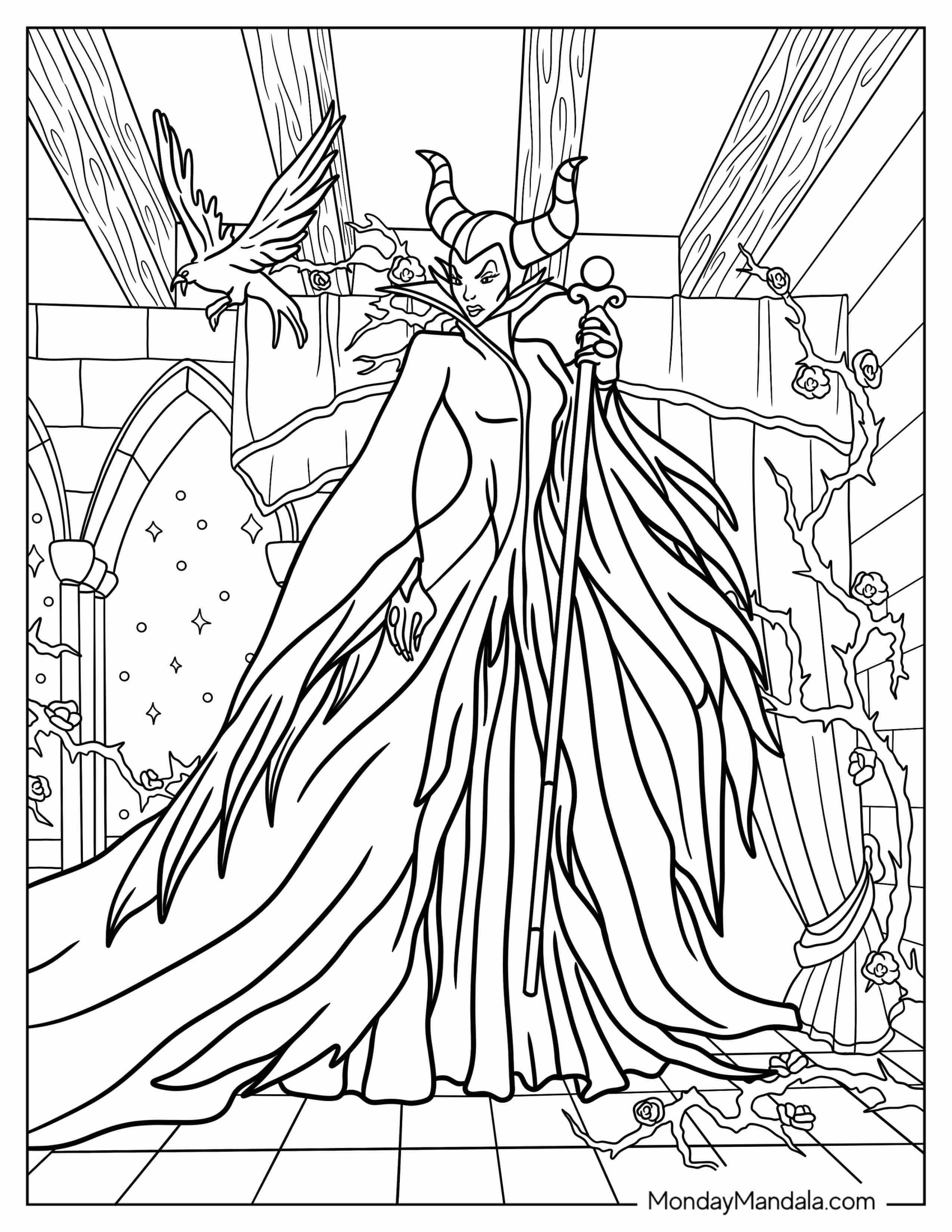 Maleficent Coloring Page Holding Staff Inside Castle