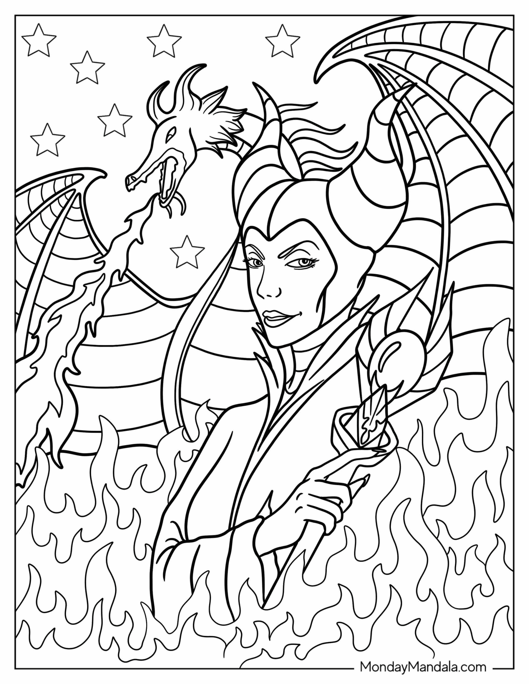 Maleficent Coloring Page Surrounded By Dragon Fire