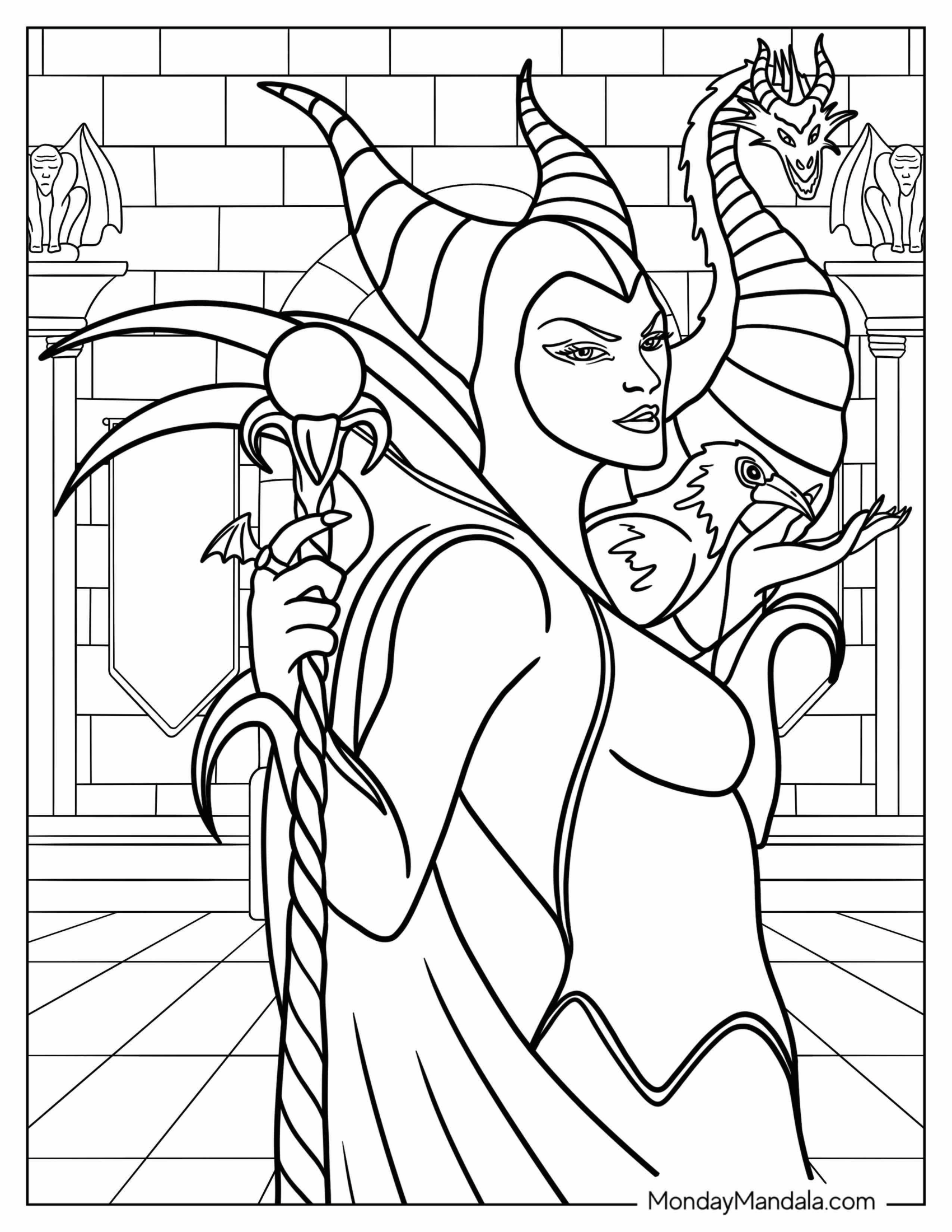 Maleficent Coloring Page With Raven And Dragon