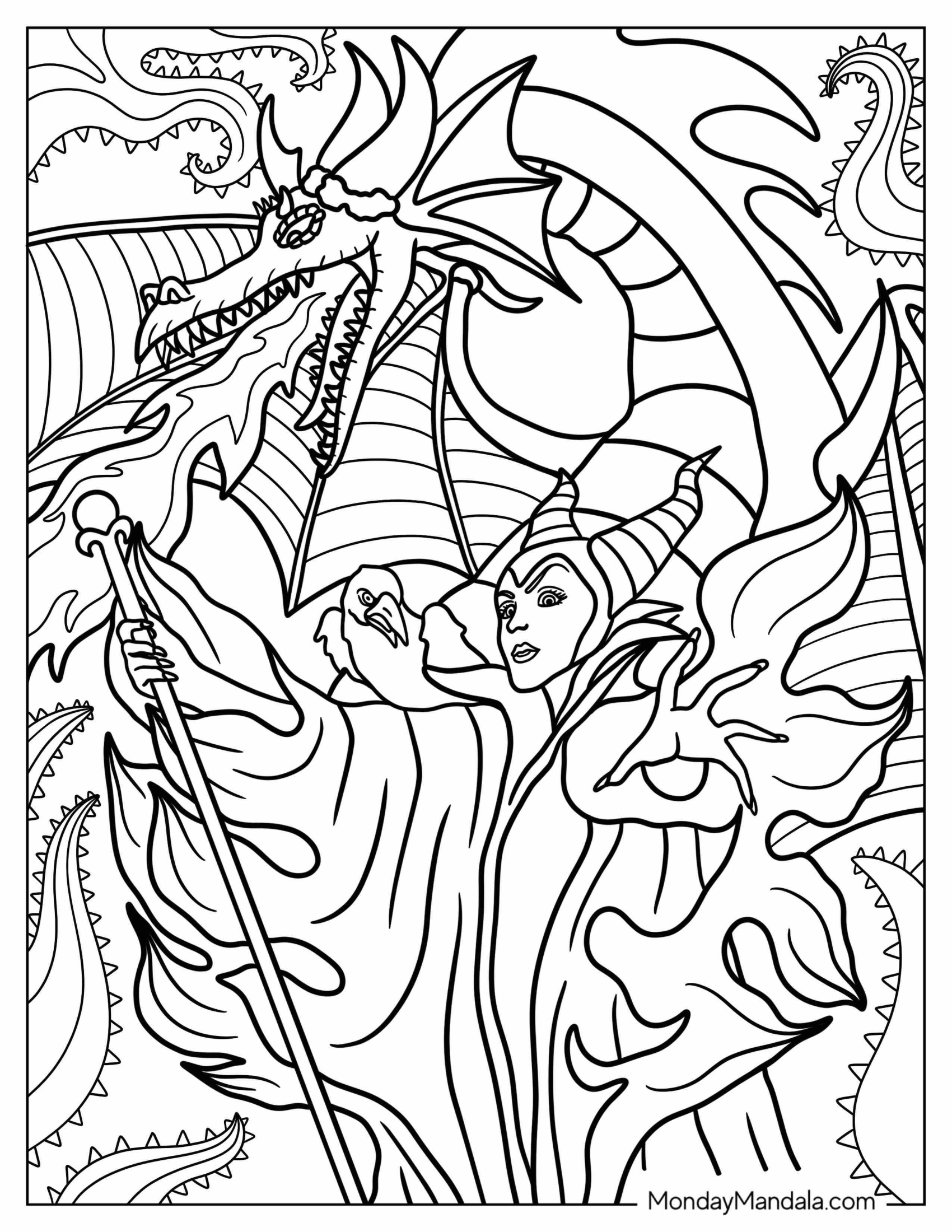 Maleficent Coloring Page With Raven Ordering Dragon To Breathe Fire