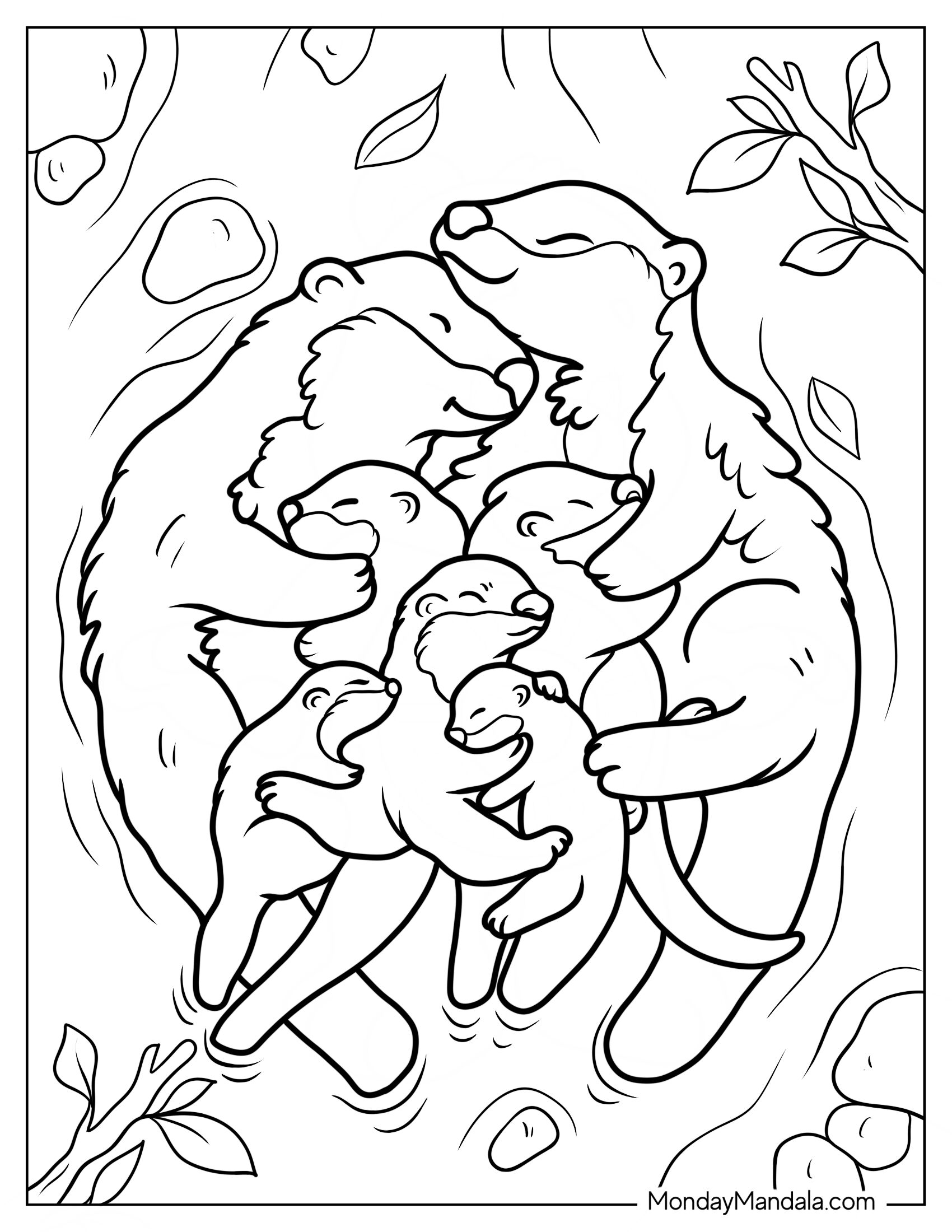 Mama And Papa Otter Coloring Page With Babies Floating On River