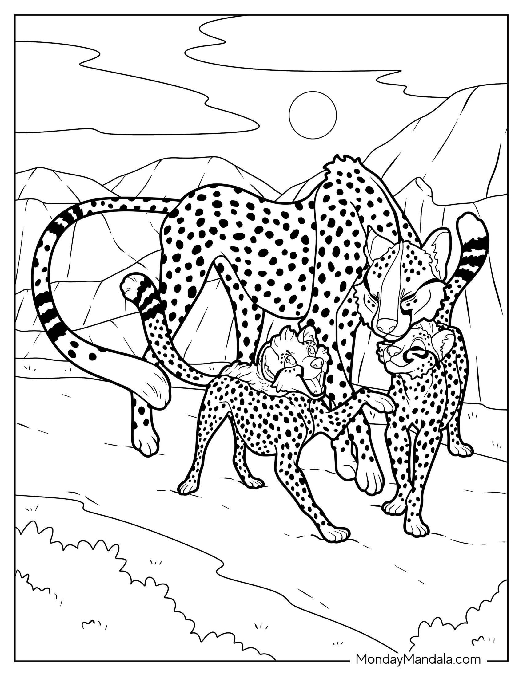 Mama Cheetah Coloring Page With Her Babies