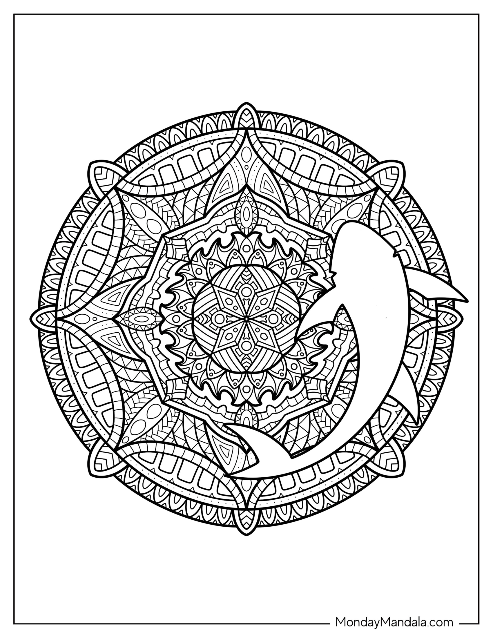 Mandala With Shark Coloring Page Outline