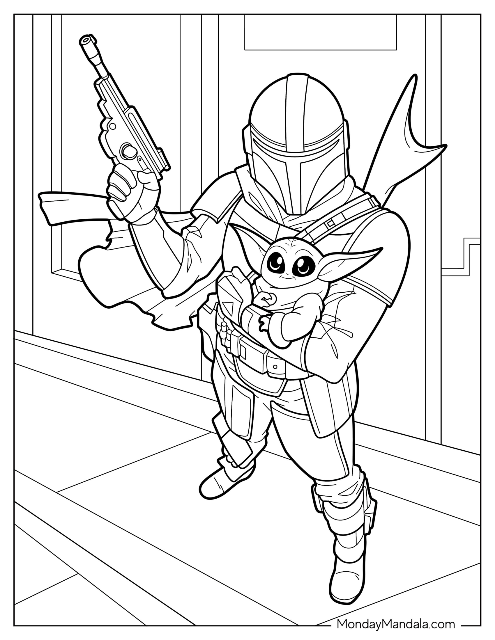 Mandalorian Coloring Page Carrying Cute Baby Yoda