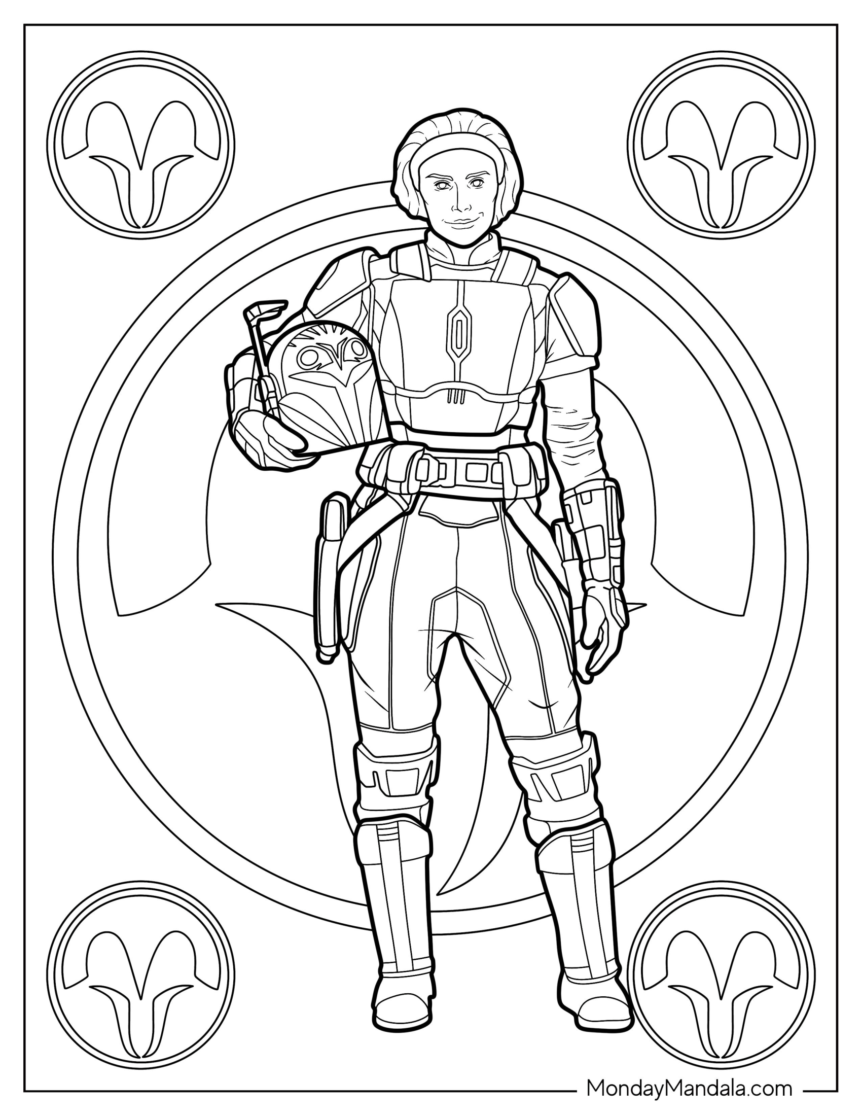 Mandalorian Coloring Page Of Bo Katan Kryze Holding Helmet