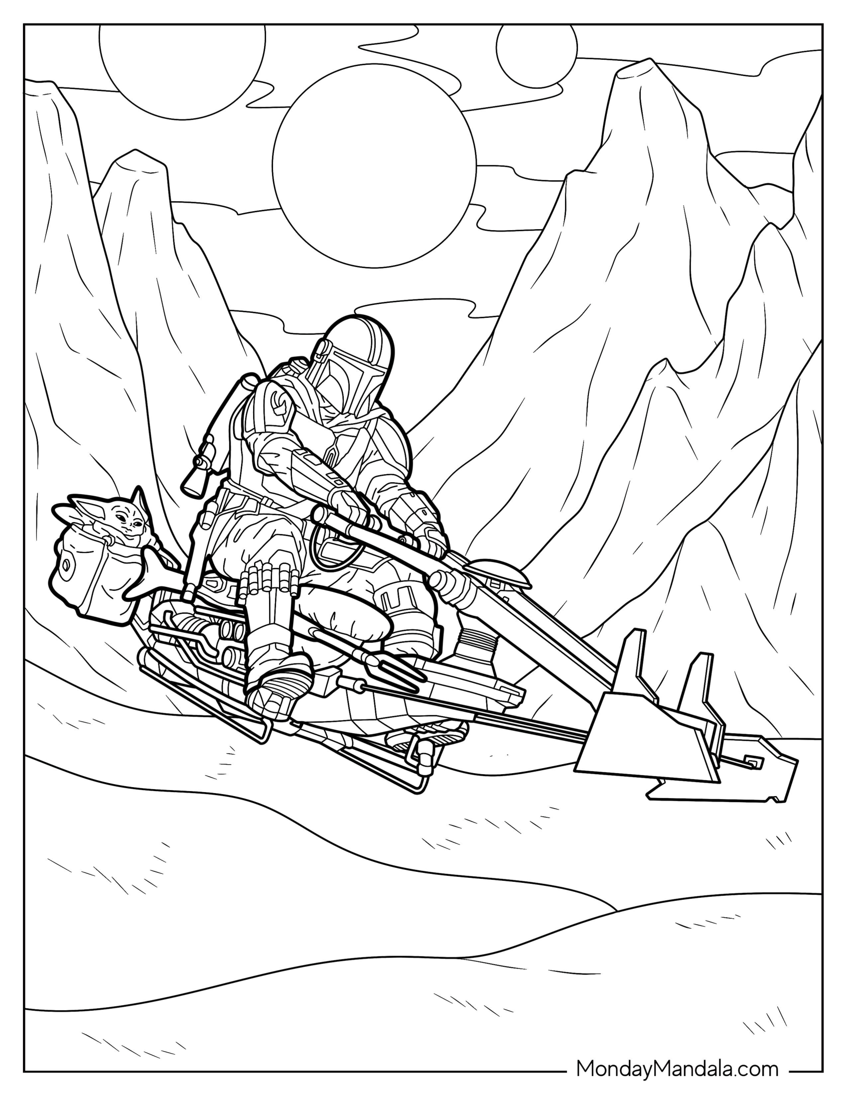 Mandalorian Coloring Page On Speeder Bike With Baby Yoda