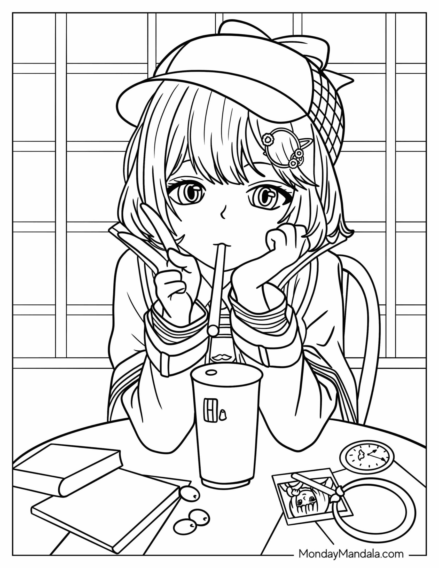 Manga Coloring Page Of Amelia Watson Making Peace Sign While Drinking Boba Tea