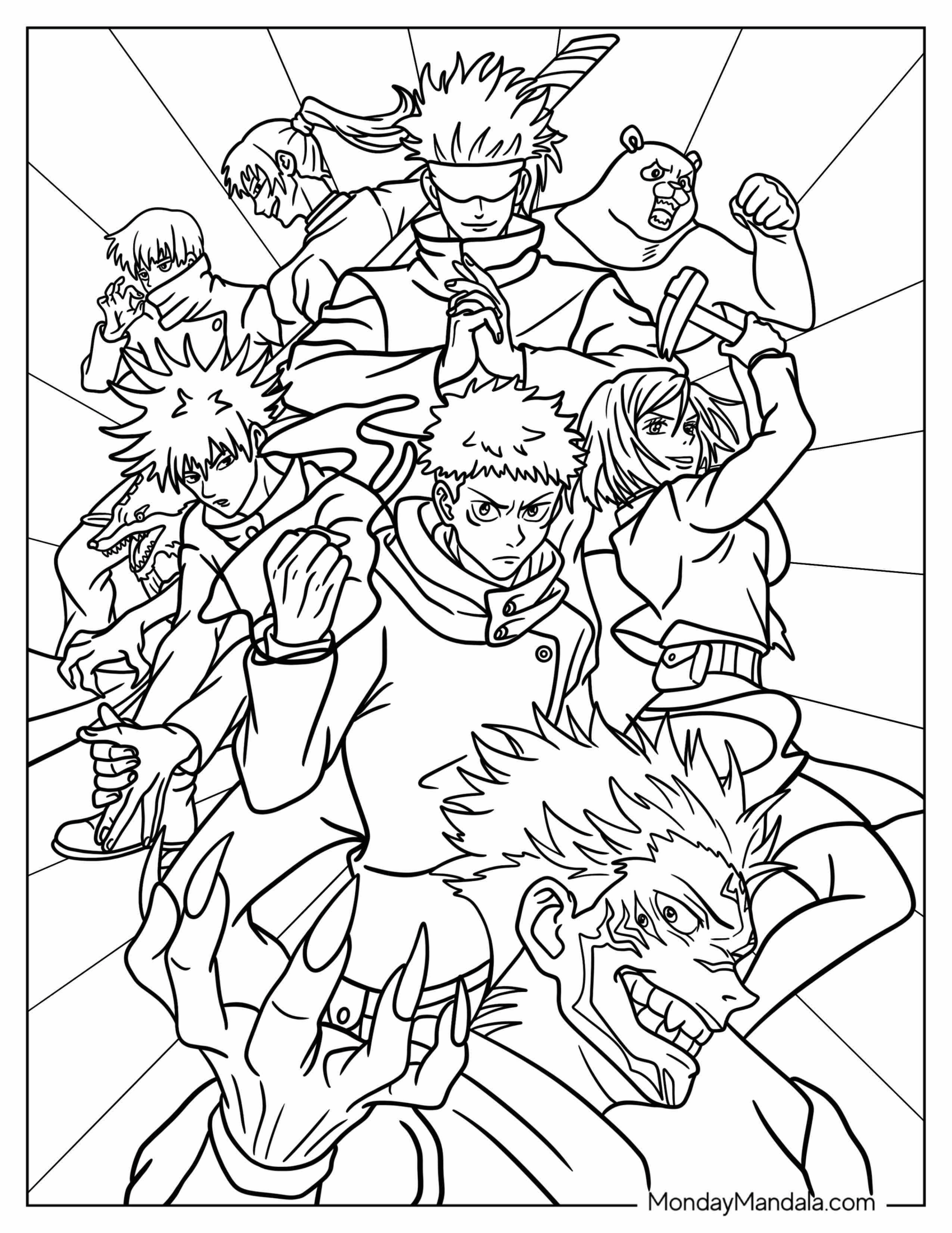 Manga Coloring Page Of Jujutsu Kaisen With Yuji, Nobara, Megumi, Gojo, Sukuna, Panda, Inumaki, And Maki