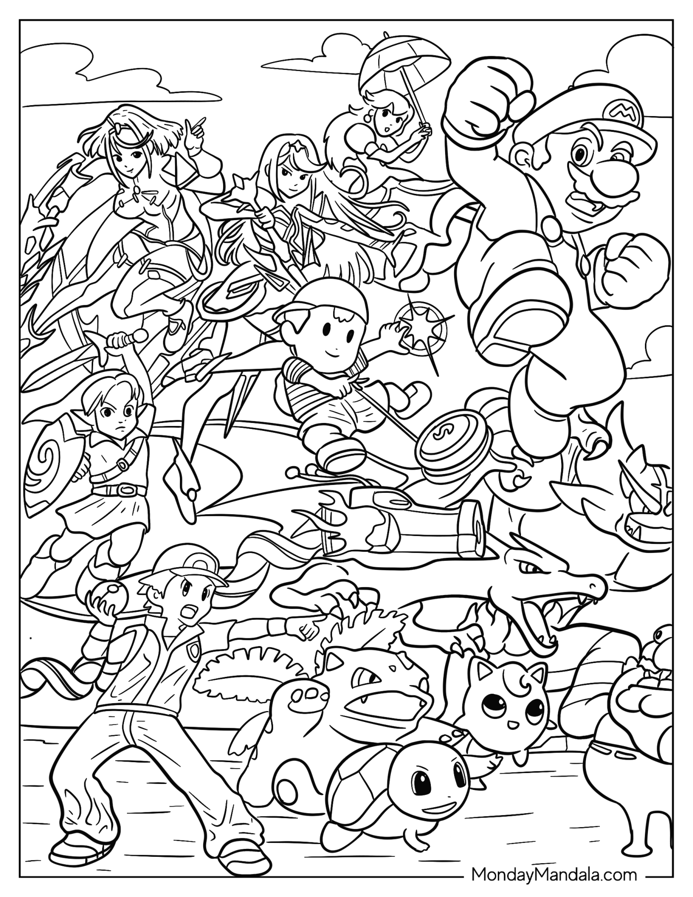 Mario, Zelda, Princess Peach, And Pokemon Super Smash Bros Coloring Page