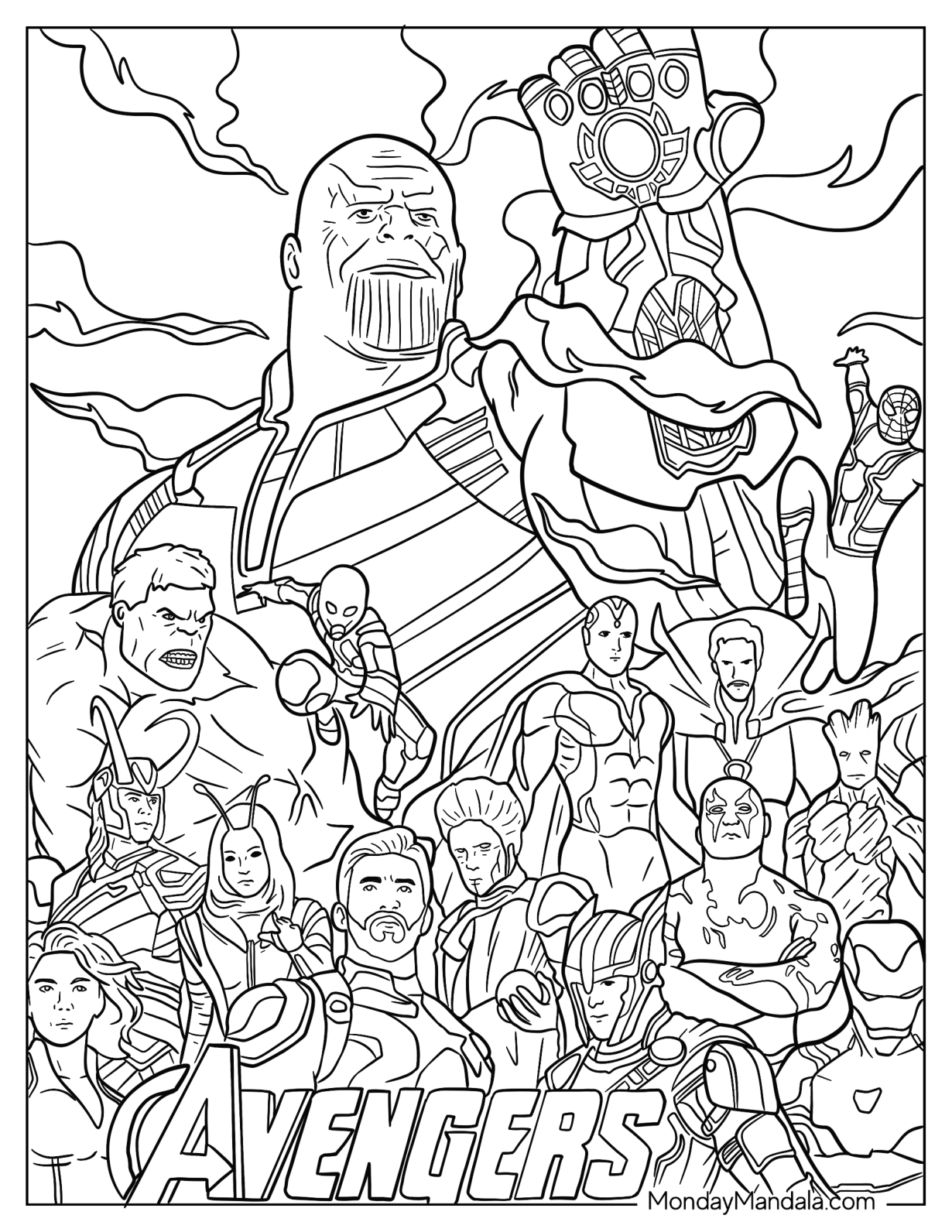 Marvel Avengers With Thanos Coloring Page Holding Gauntlet