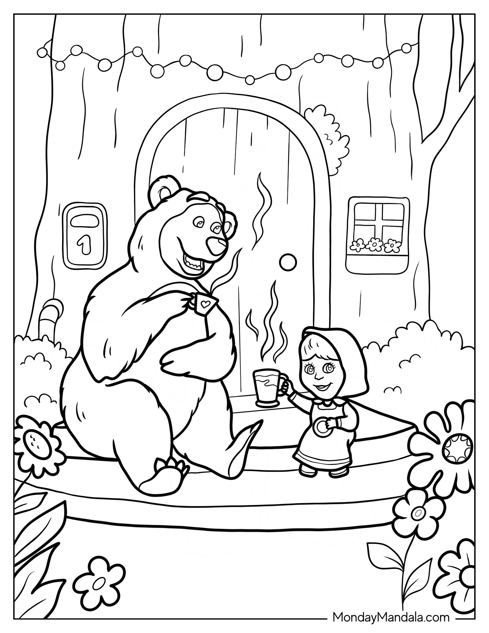 Masha And The Bear Coloring Page Drinking Hot Beverage Outside House