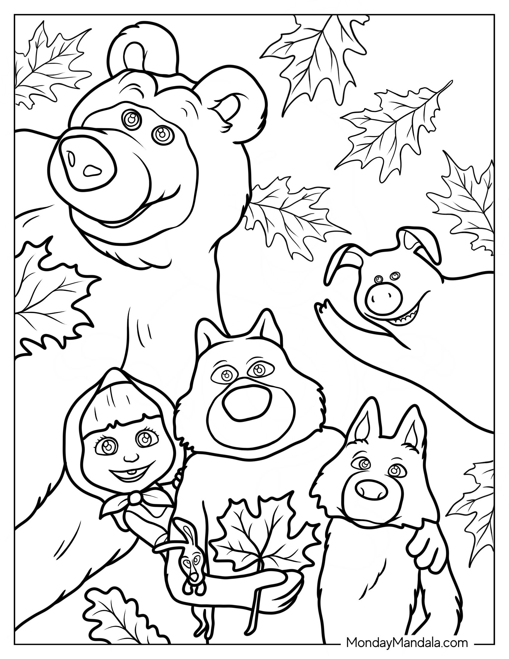 Masha And The Bear Coloring Page Of Bear, Silly, Sly, And Rosie