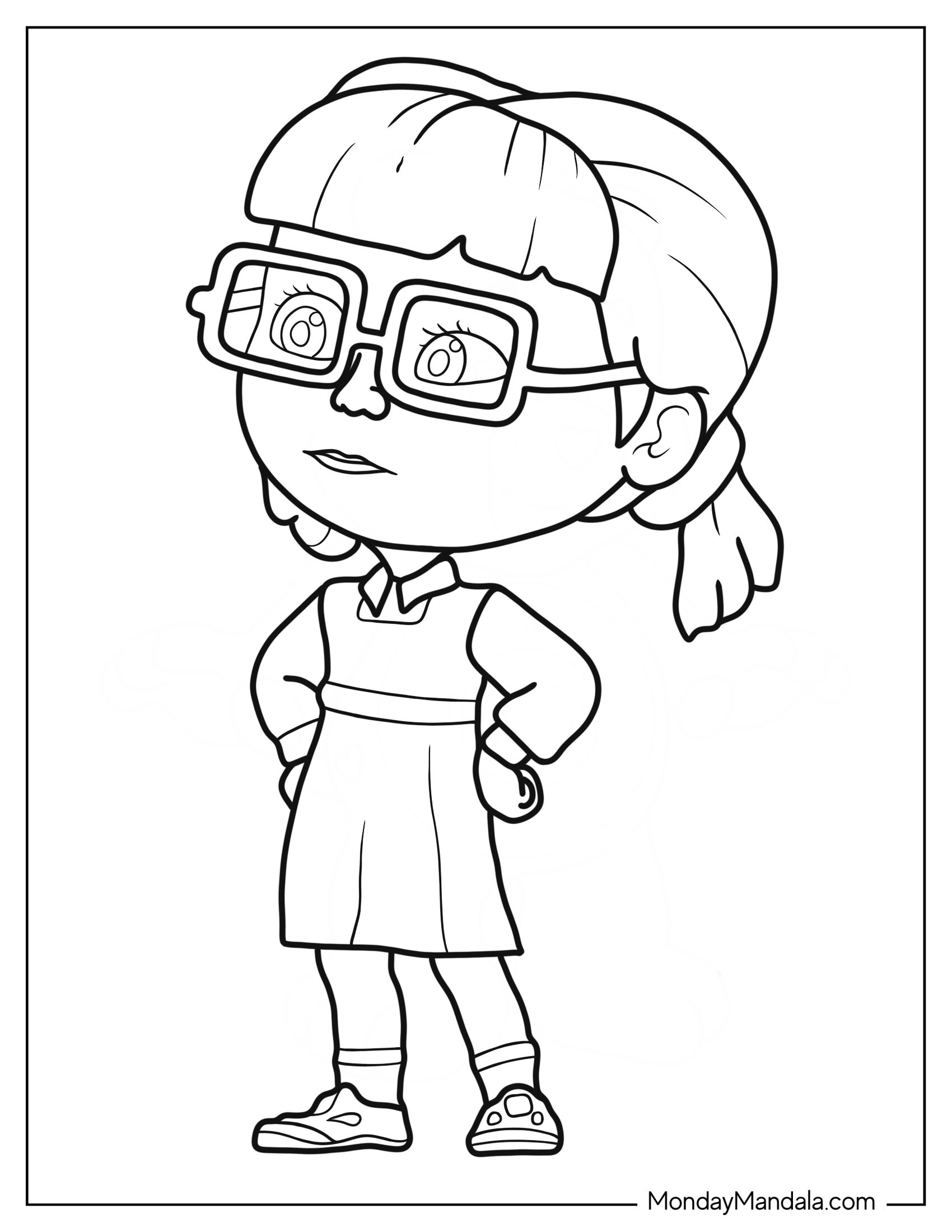 Masha And The Bear Coloring Page Of Dasha In Pigtails, Eyeglasses, And School Dress