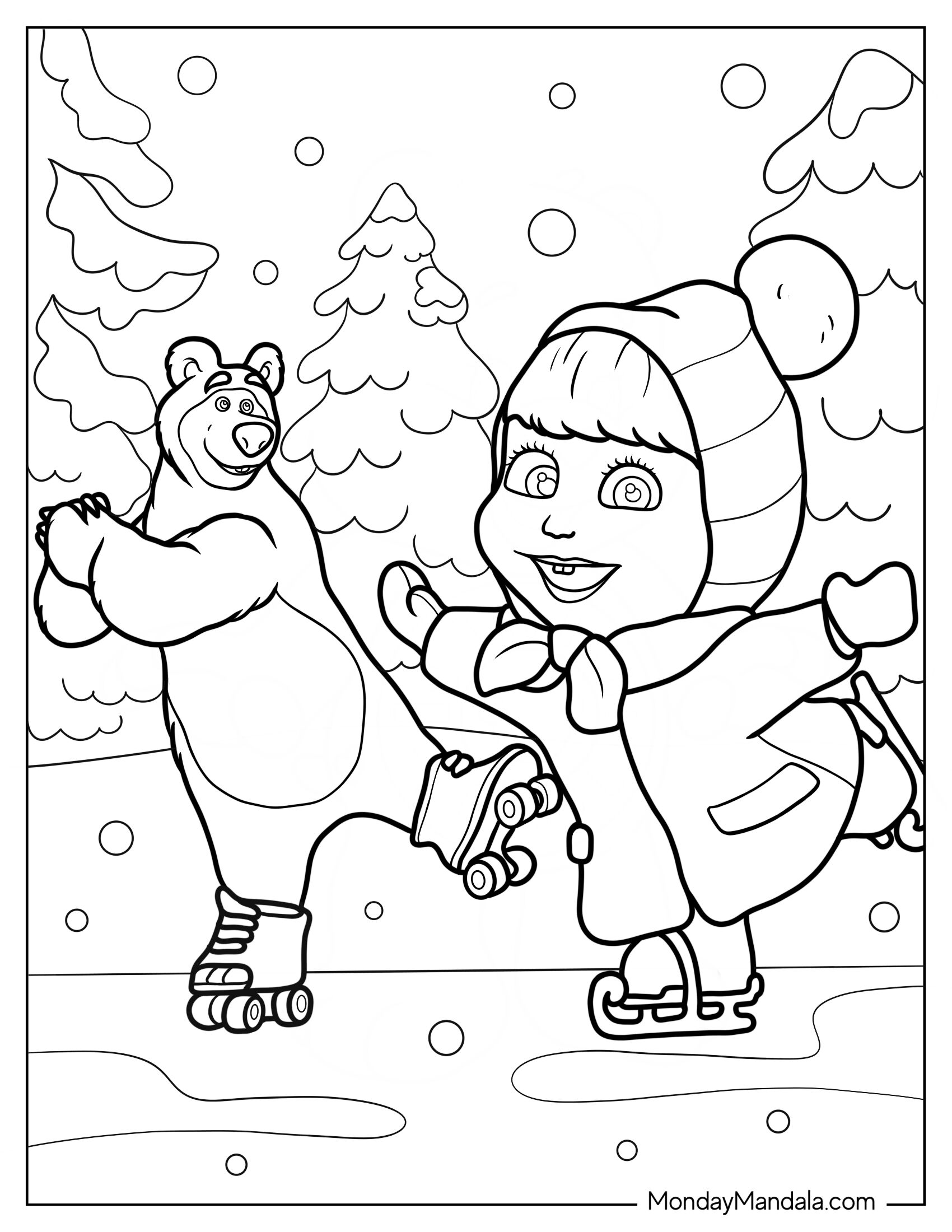 Masha And The Bear Coloring Page Of Ice Skating In The Snow