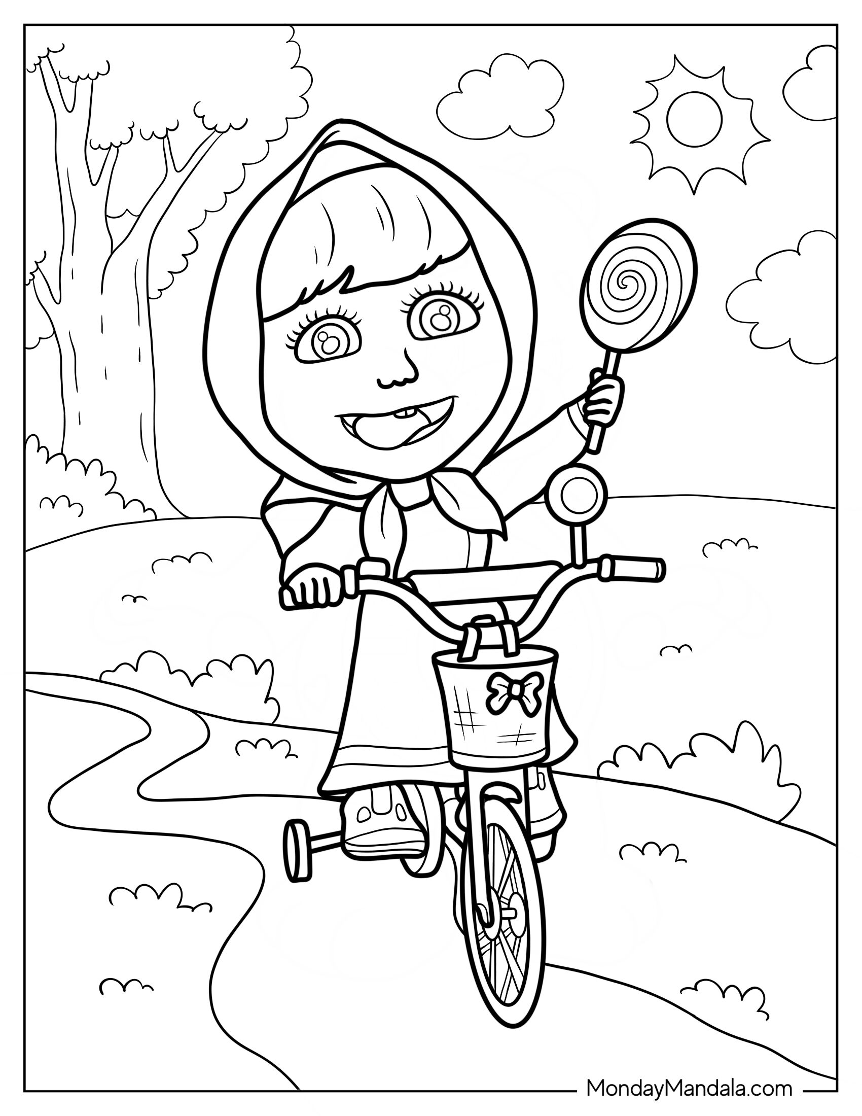 Masha And The Bear Coloring Page Of Masha Riding Bicycle While Holding Up Lollipop