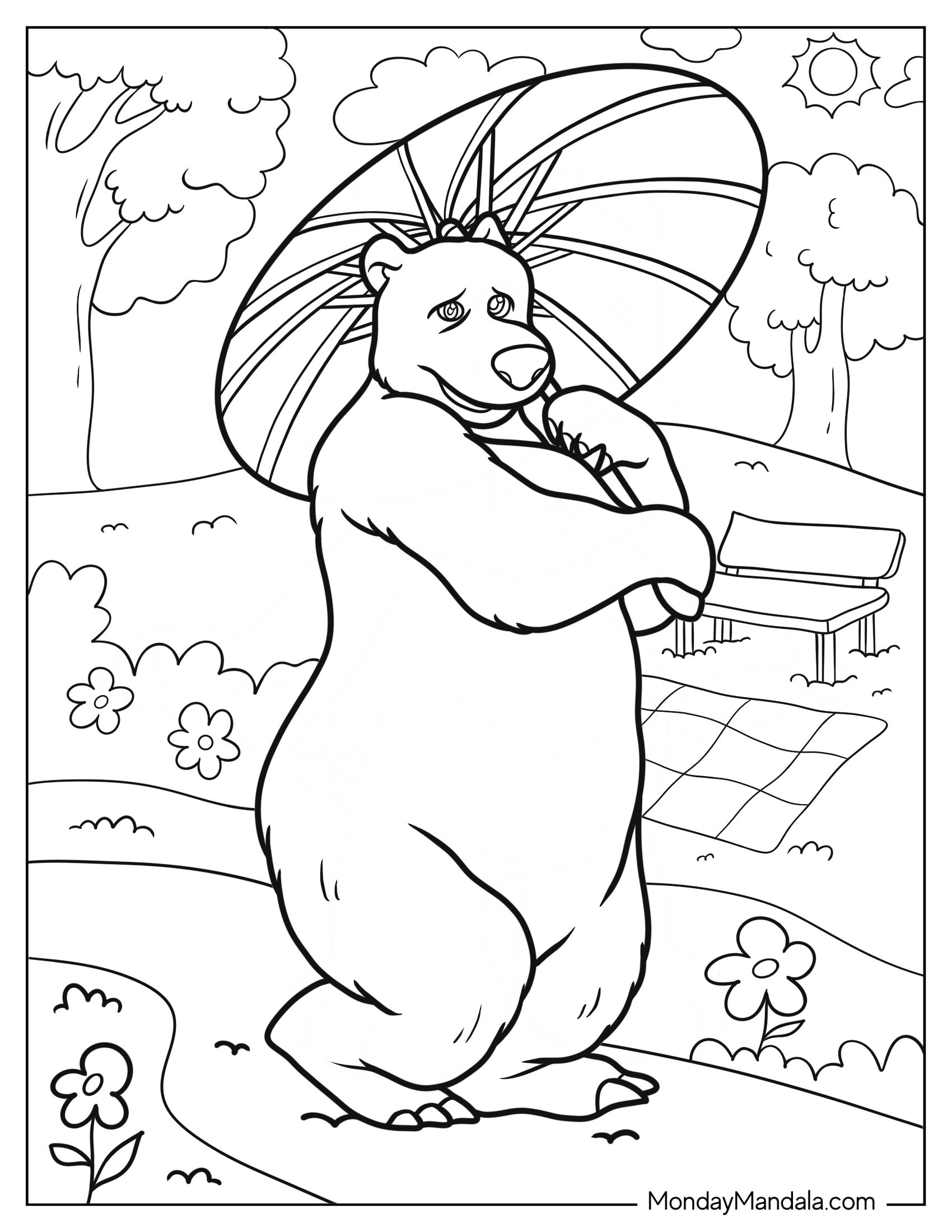 Masha And The Bear Coloring Page Of Shy She Bear Holding Umbrella