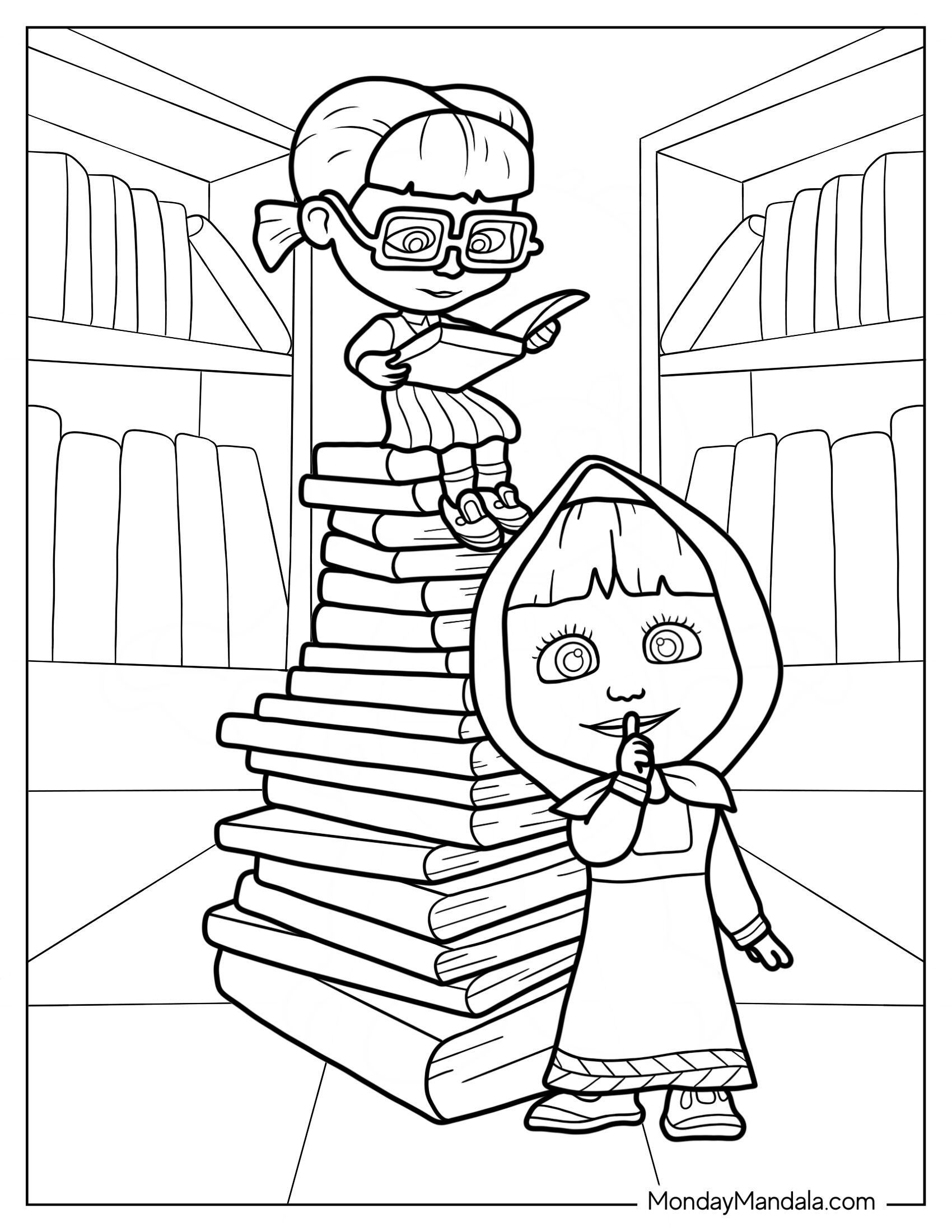 Masha And The Bear Coloring Page With Finger Over Lips While Dasha Reads A Book