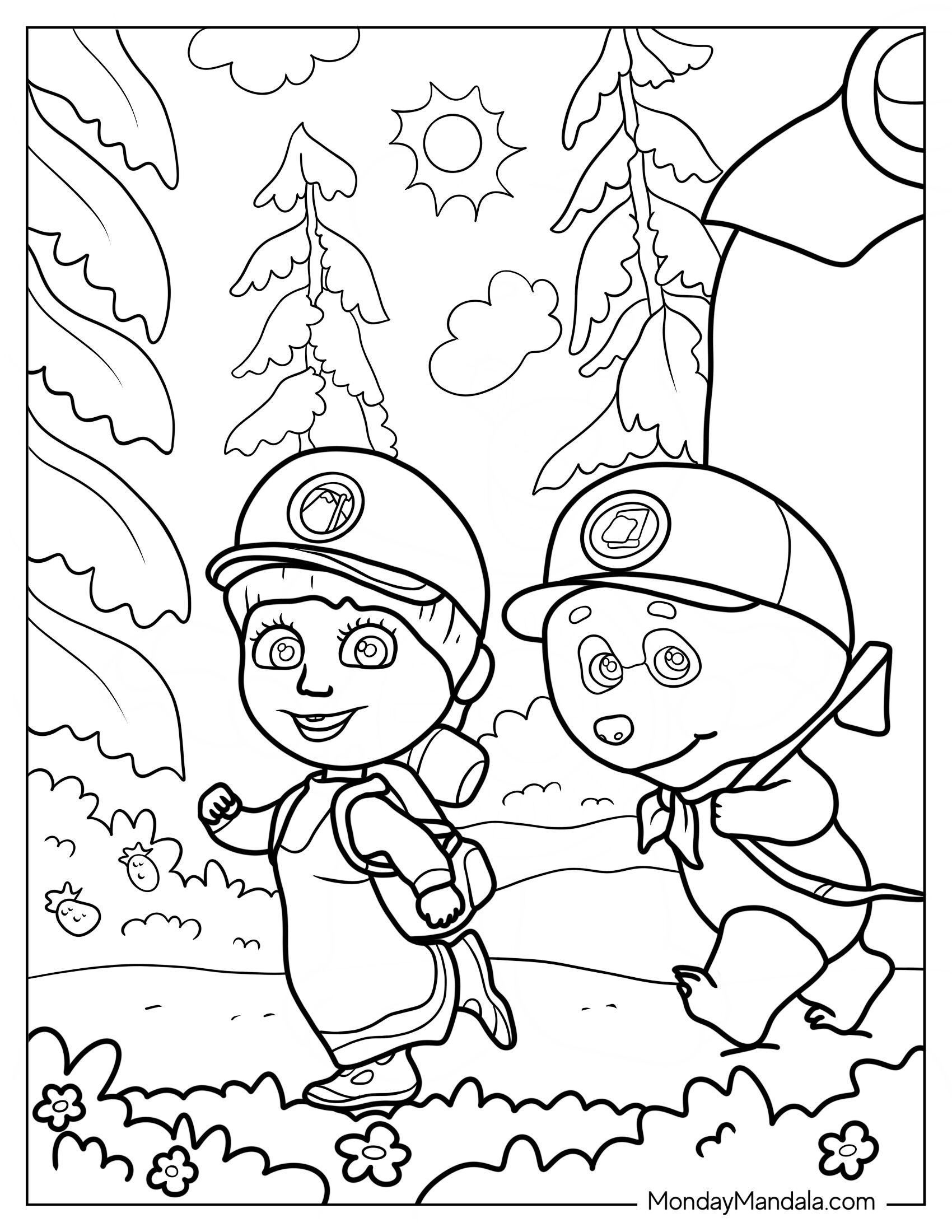 Masha And The Bear Coloring Page With Panda Wearing Caps And Bags