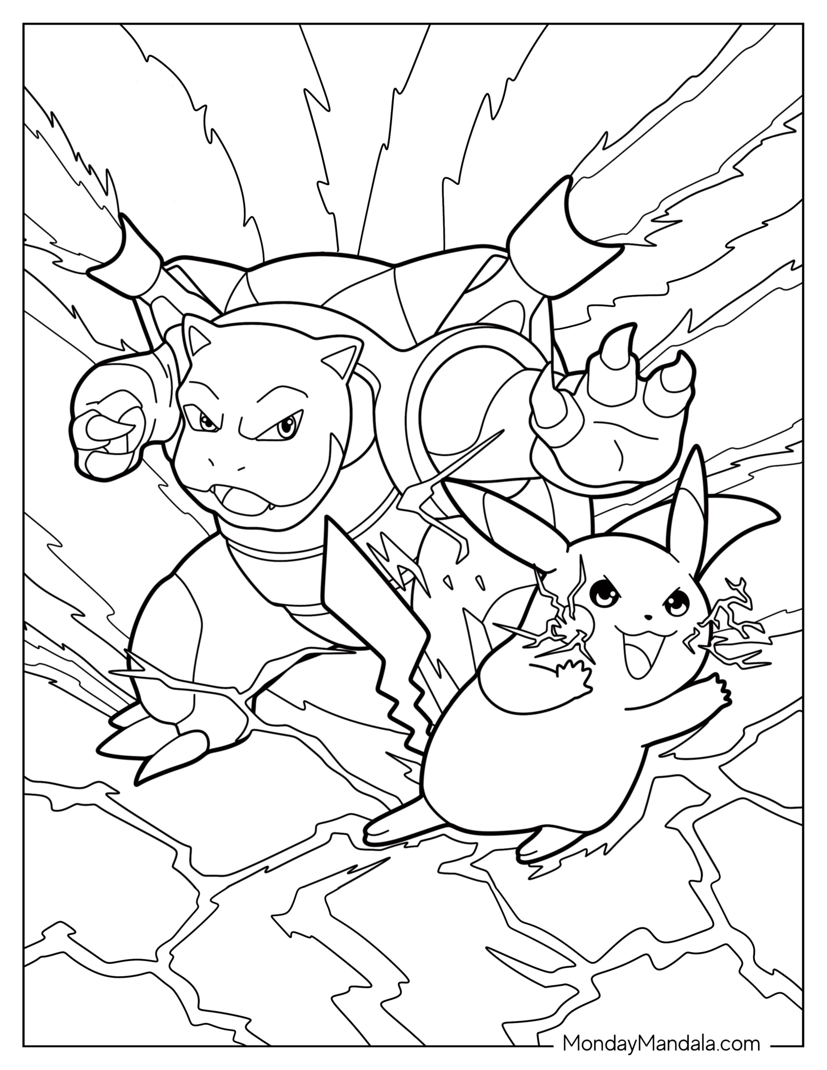 Mega Blastoise Coloring Page Battling Alongside Pikachu